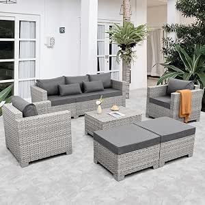 WAROOM 6-Piece Patio Furniture Set, PE Rattan Outdoor Conversation Set, Grey Wicker Couch Sectional Sofa with Storage Coffee Table and Grey Cushions