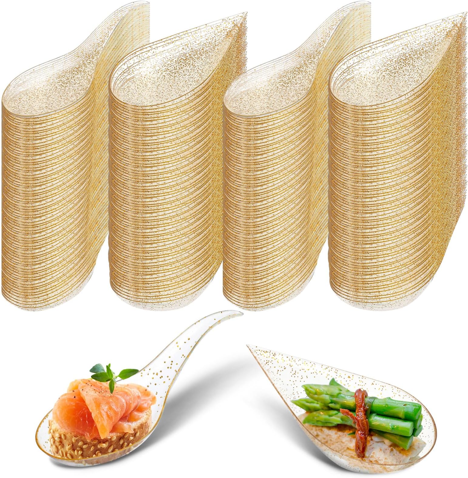 Tessco 400 Pcs 4" Plastic Appetizer Spoons Tear Drop Tasting Disposable Serving Clear with Gold Glitter Mini Dessert Spoons for Soups Sushi Dipping Sauces Dessert, 2 Styles