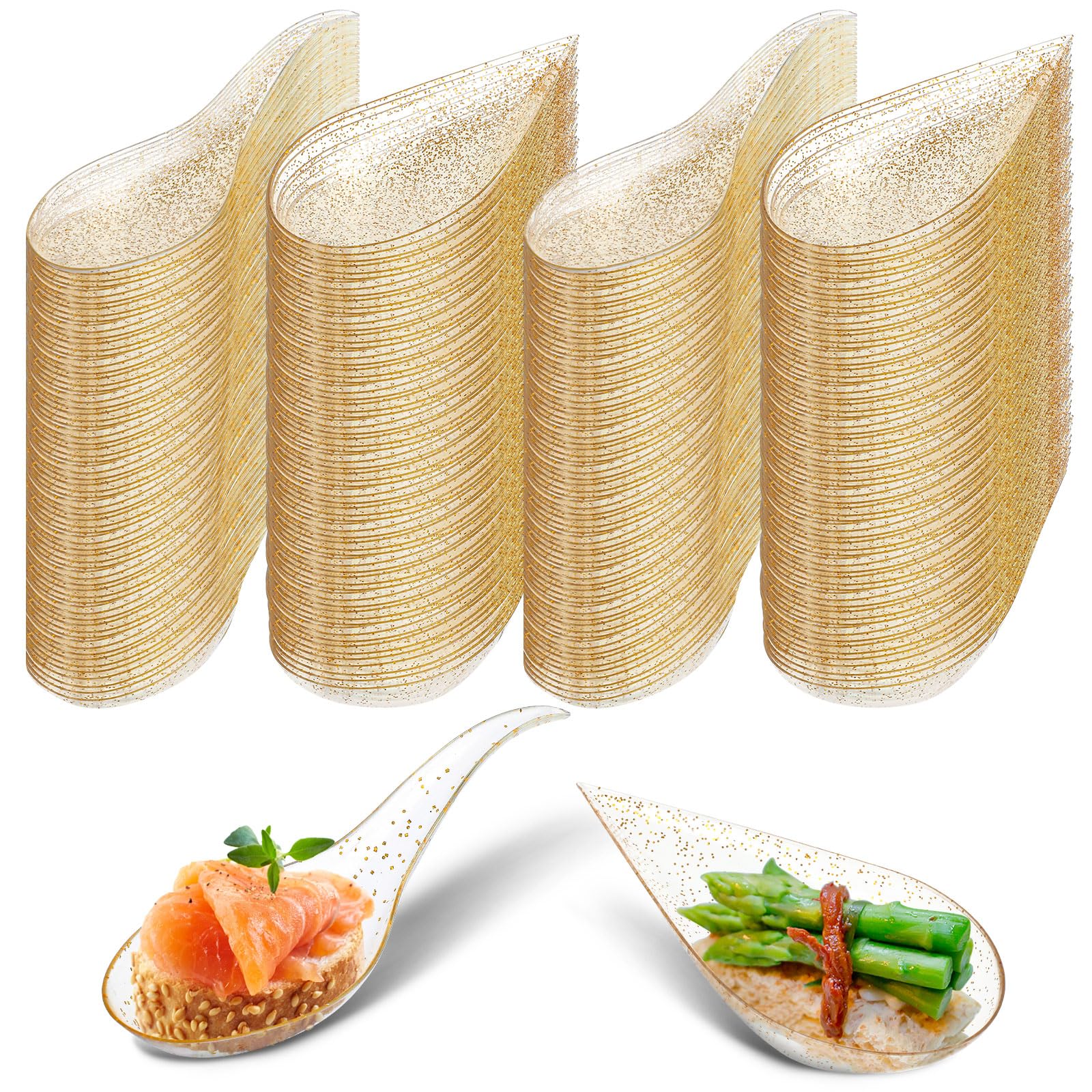 Tessco 400 Pcs 4" Plastic Appetizer Spoons Tear Drop Tasting Disposable Serving Clear with Gold Glitter Mini Dessert Spoons for Soups Sushi Dipping Sauces Dessert, 2 Styles