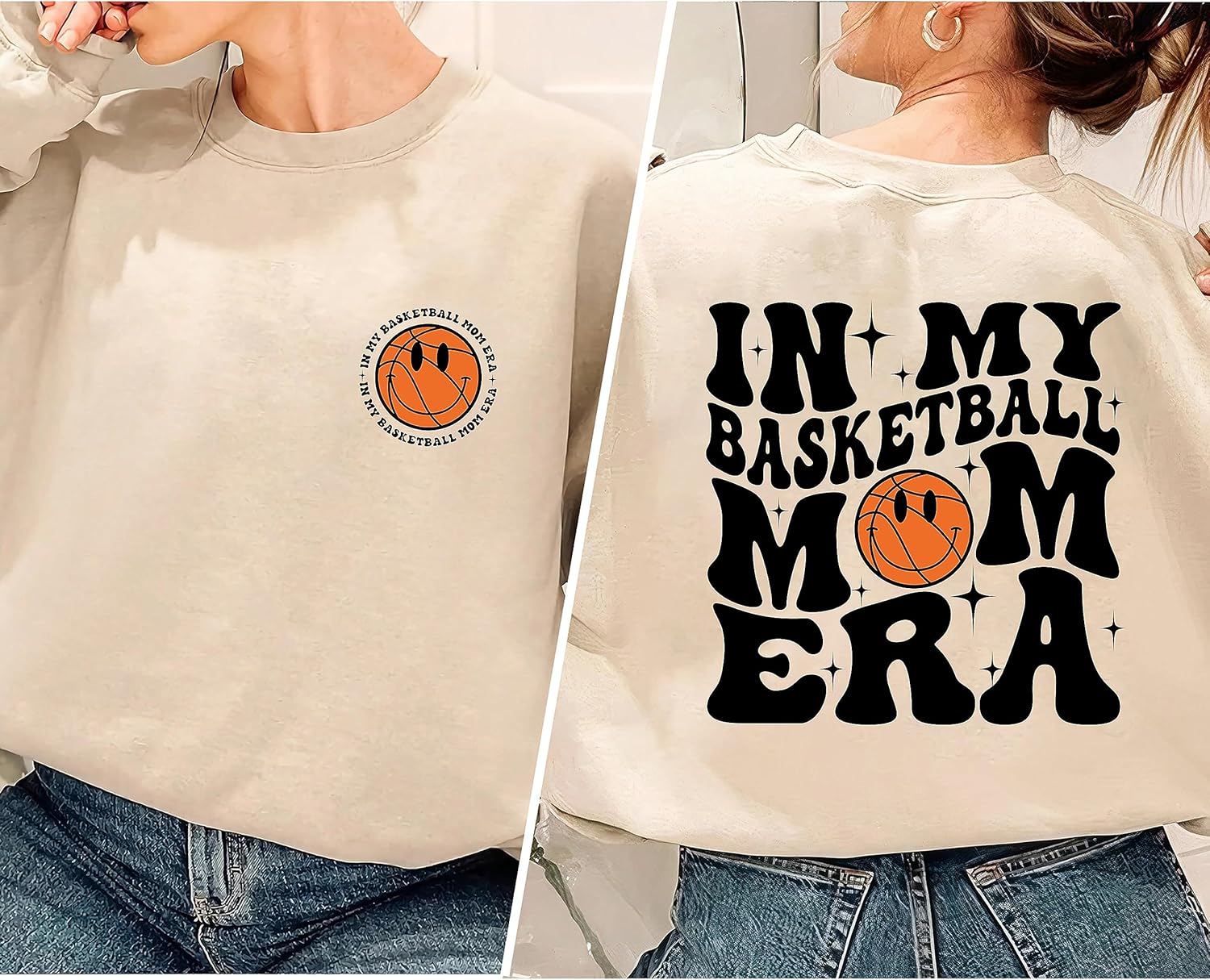 in My Basketball Mom Era Sweatshirt 2 Sided, Retro Groovy Sport Mom Crewneck, Funny Basketball Mama Sweater