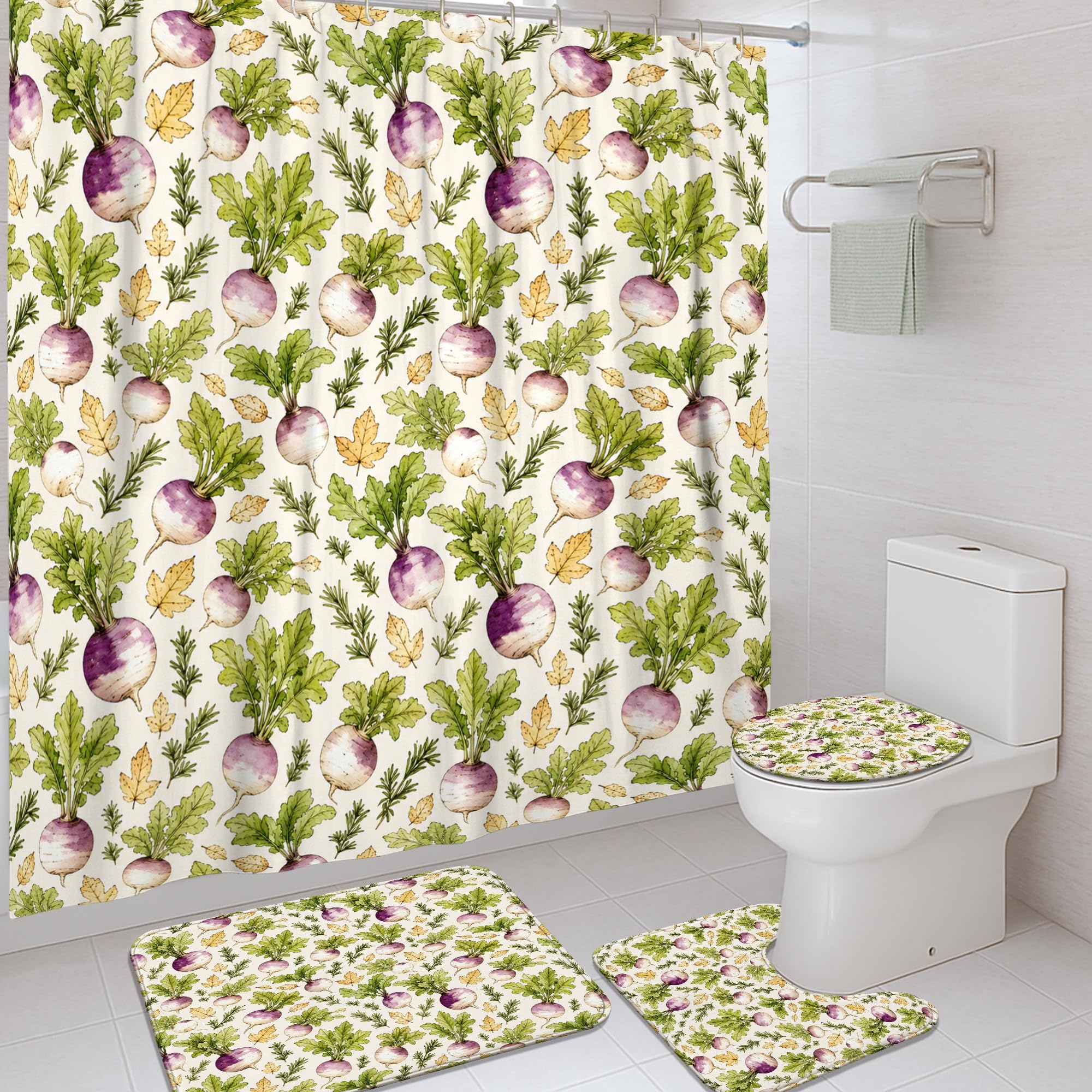 Rideau de douche imperméable avec tapis motif feuilles naturelles