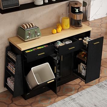 Multi-Functional Storage Sideboard with Sliding Door Cabinet, 3-Tier Spice Rack, Drawers, Trash Can Storage, Wood Kitchen Island Table for Kitchen, Dining Room Black//5c