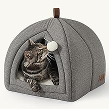 Bedsure Cat Beds for Indoor - 2 in 1 Cat Cave House Tent for Kittens and Small Pets with Removable Washable Cushioned Pillow, Foldable Kitten Hideaway with Non-Slip Bottom, Grey, 16 inches
