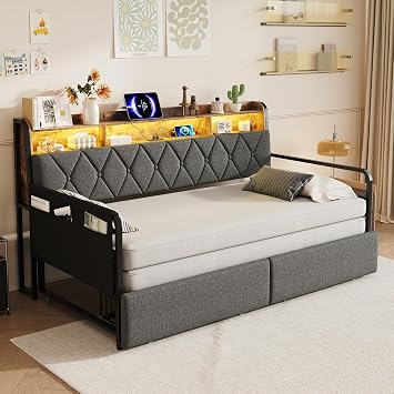 Mrwoo Sofa Bed Frame with LED Lighting, Daybed with Pull-out Trundle and Storage Drawer, Headboard with Concealed Storage, 90x190cm Gray No Mattress