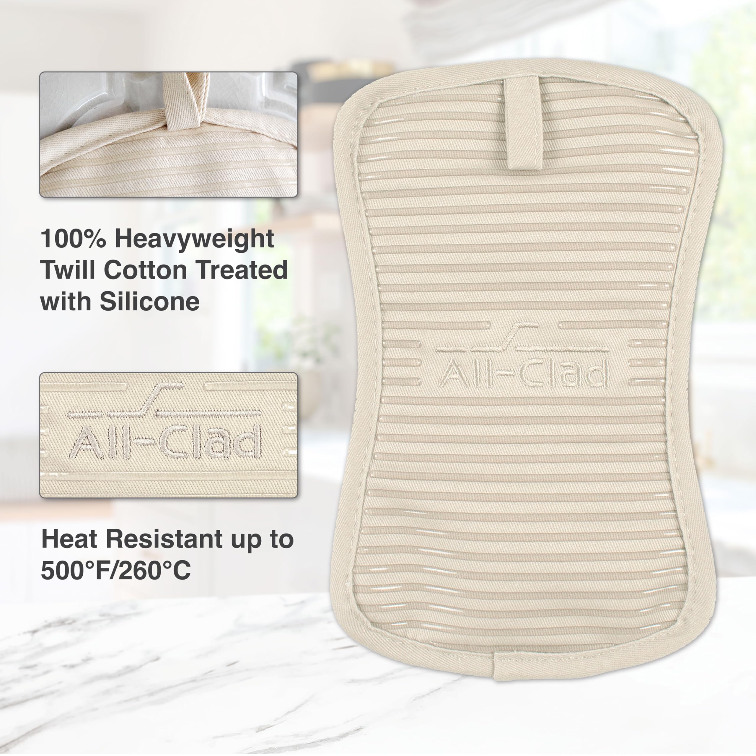 All-Clad Premium Topflappen und Topfuntersetzer Hitzebeständig bis 260 Grad Celsius, 100% Baumwolle, 25,4 x 15,9 cm, Topfuntersetzer für Küche, Grill, 1 Stück, Mandelfarben