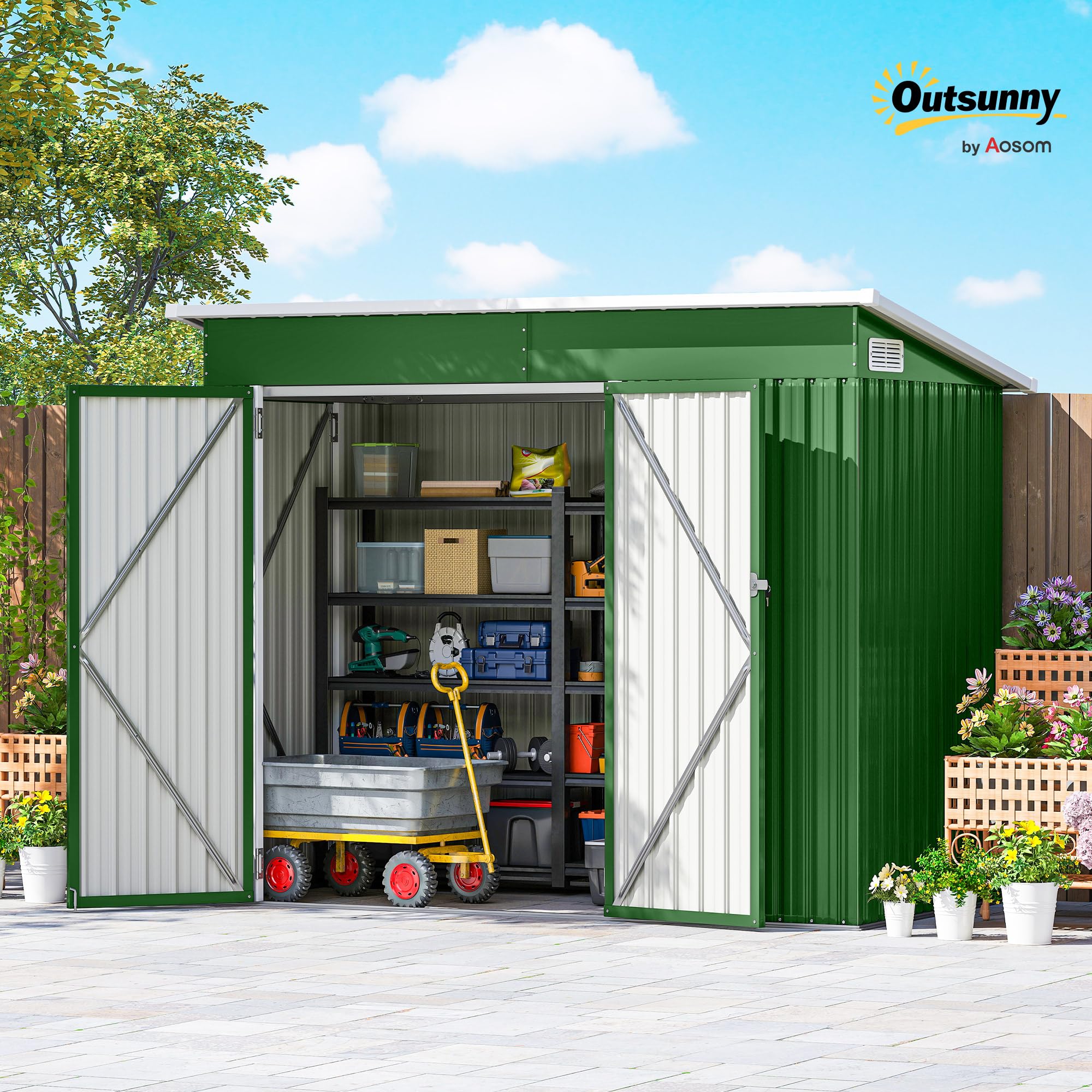 Outsunny Caseta de Jardín Exterior Metálica 2,7 m² 234x132x185 cm Verde | Cobertizo de Jardín Exterior, Triple Puerta, Cerradura, Techo Inclinado, Ventilación, Almacenamiento de Herramientas