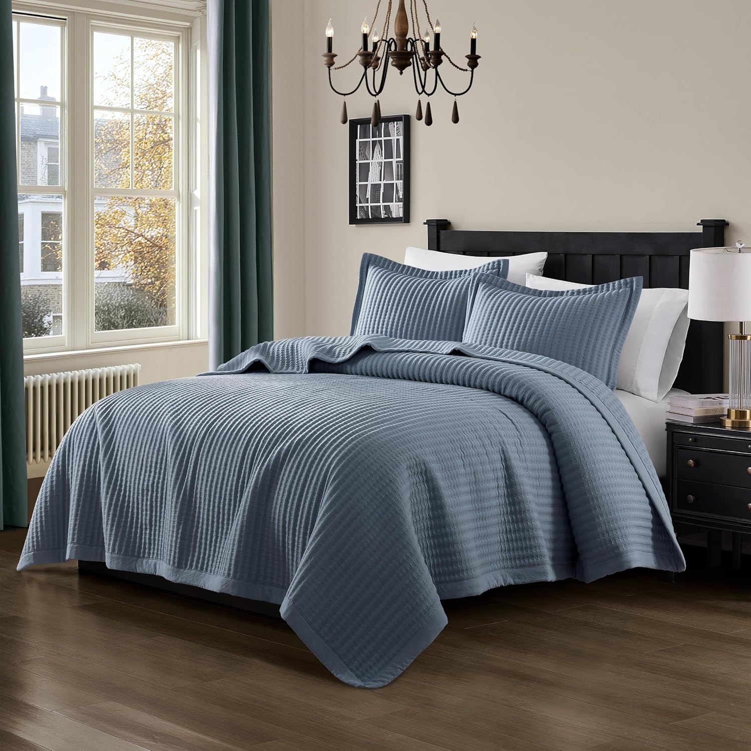 WDCOZY Dusty Blue King Size Quilt Set, Striped Pick Stitch Lightweight Bedspread, Soft Channel Farmhouse Rustic Coverlet, Spring Summer Thin Comforter, Country Bedding, 104x90 inches