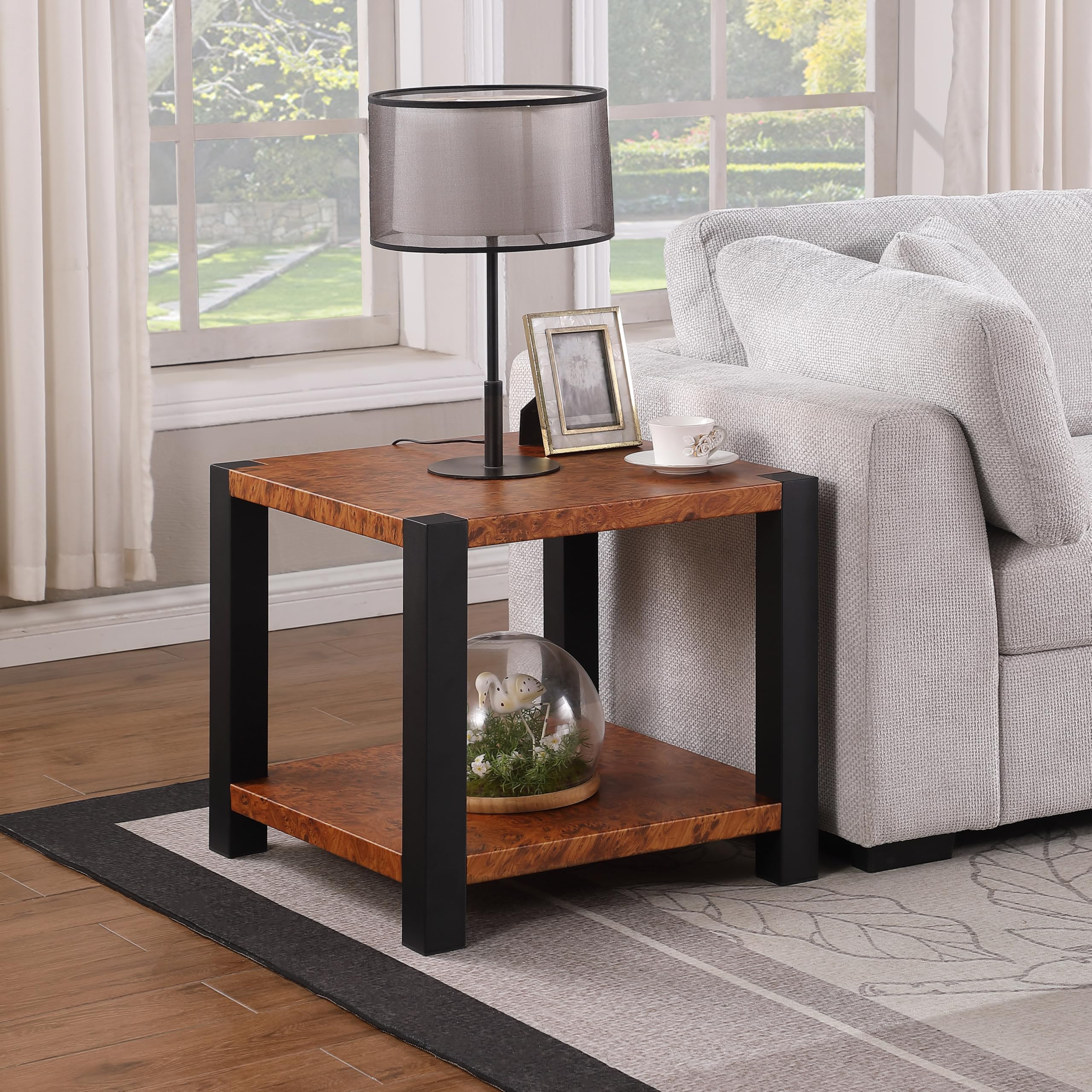 WOKER FURNITURE 2 Tiered Tall Square Rustic Brown Industrial Side Table with Shelf Storage,Modern Side Table for Living Room,Whole Table is Steels not Wood Table