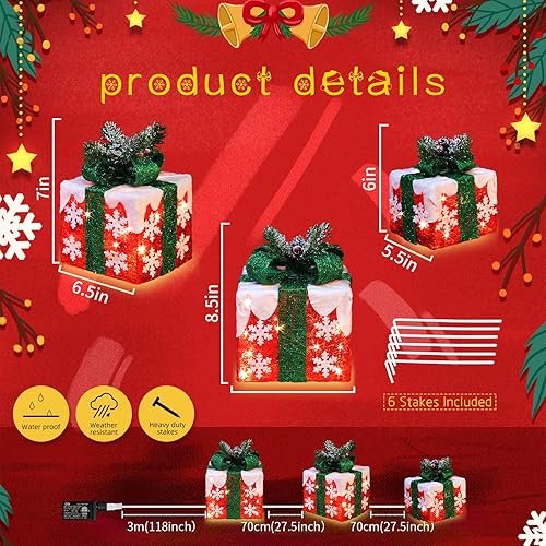 Miniatura 7 de Juego grande de 3 cajas decorativas de regalo iluminadas de Navidad de 10"x8.5"x6.5", con 70 LED súper brillantes pre-iluminados con intermitentes,