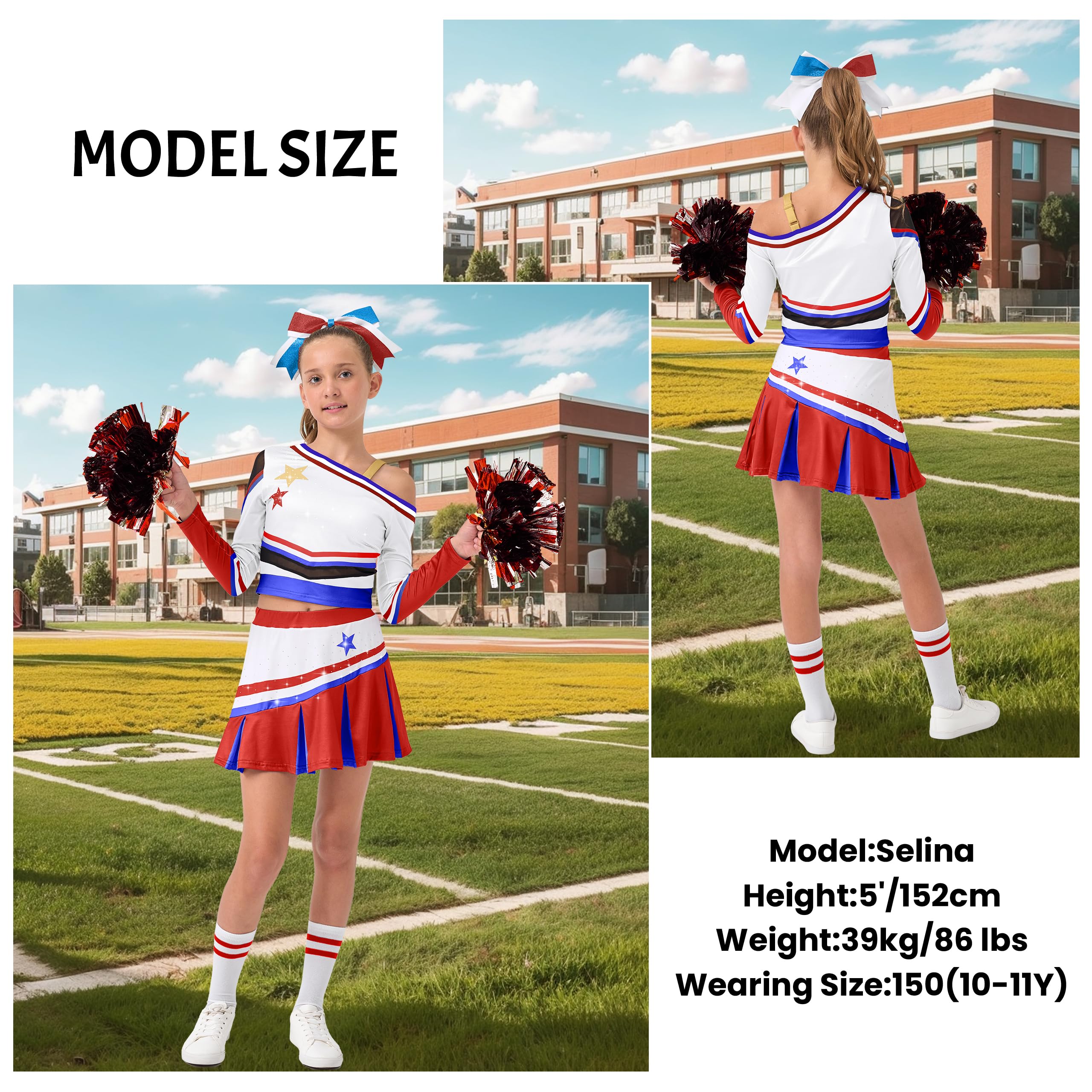 LOLANTA Girls Sparkly Cheerleader Costume with Pom Poms, Hair Bow & Socks, Fancy Dress Outfit, red, 7-8 Years, 130 - Image 3
