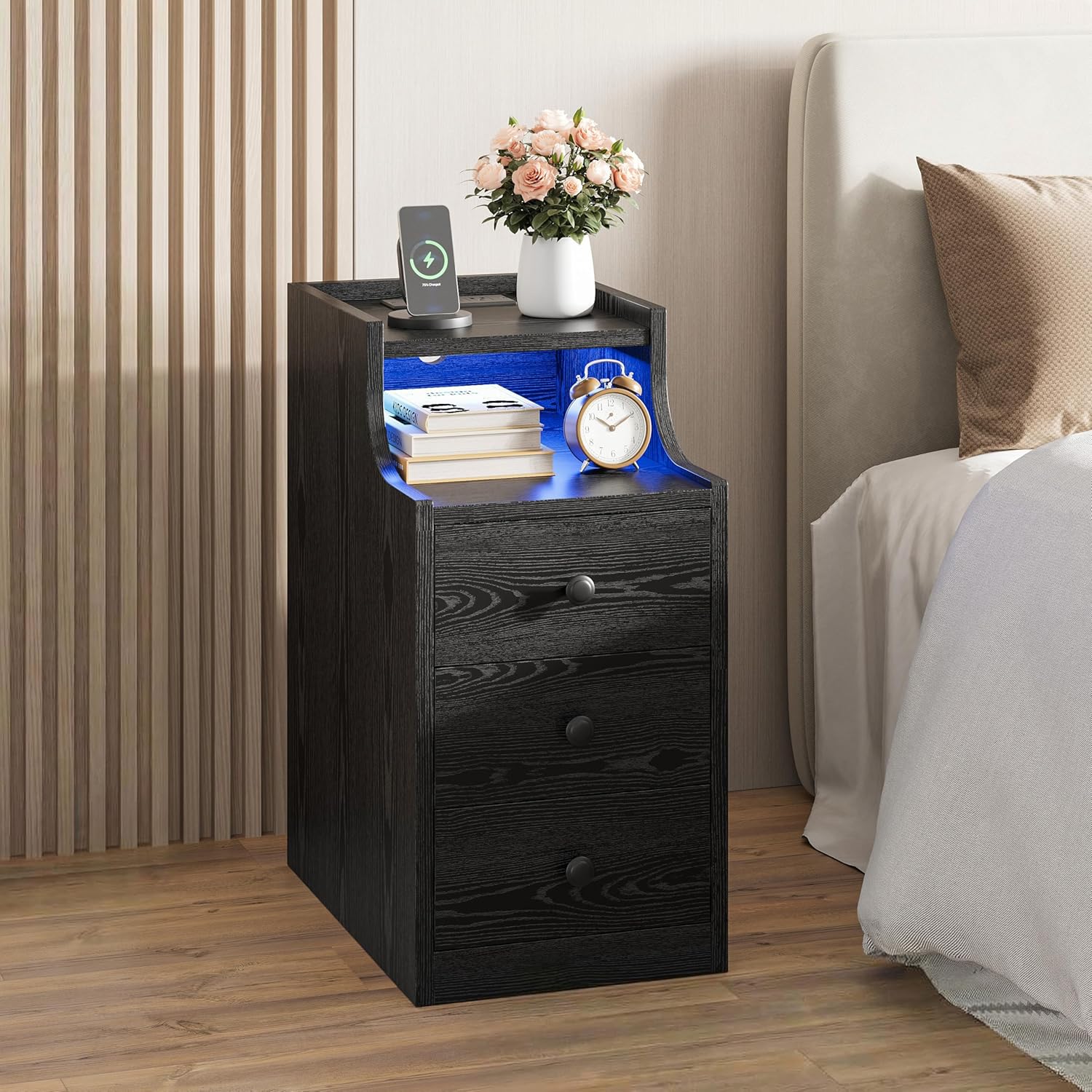 Narrow Nightstand with Charging Station and LED Lights, Modern Night Stand, End Table with 3 Drawers, Open Shelf, Side Table for Living Room/Bedroom, Black