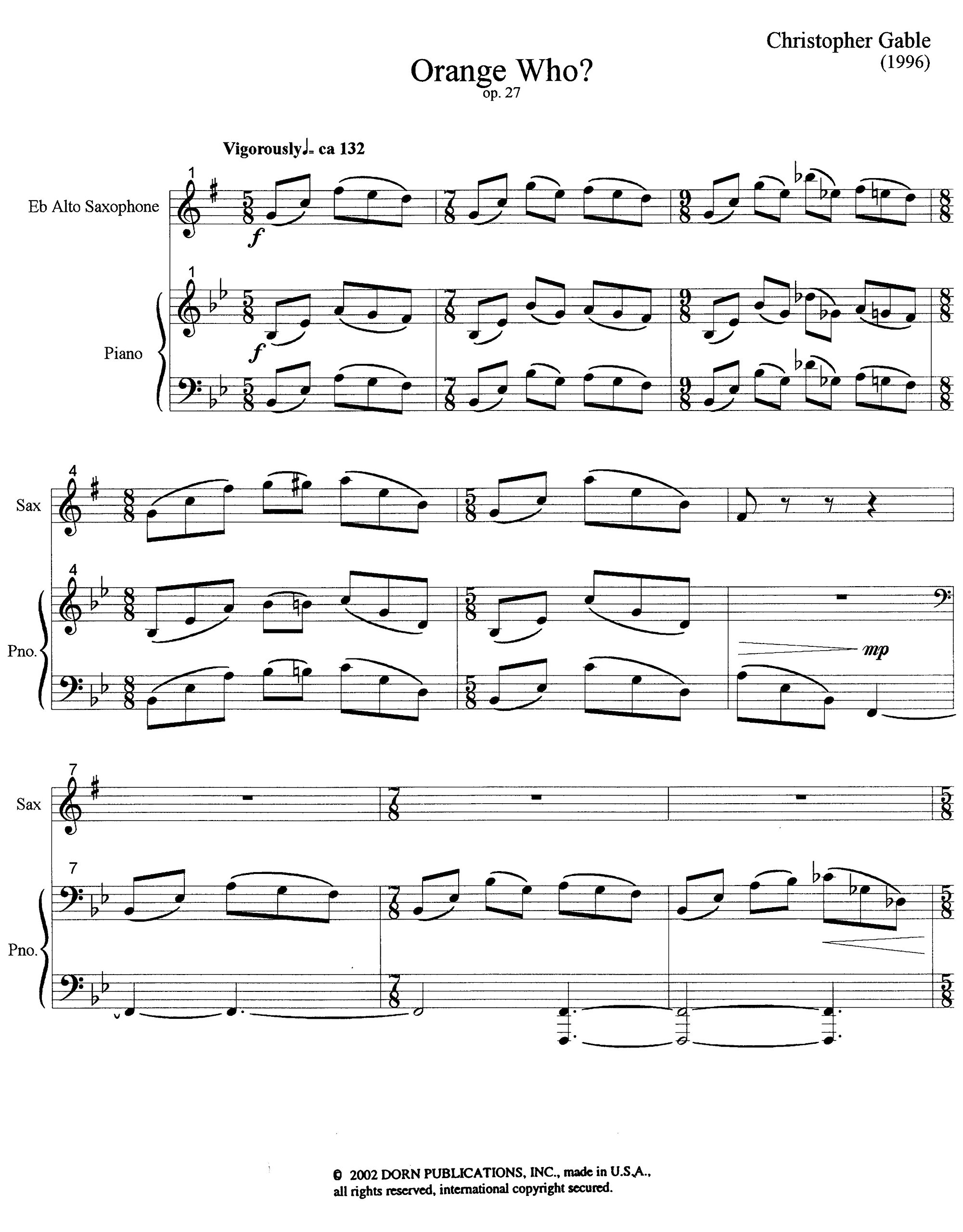 Orange Who? for Alto Saxophone and Piano by Christopher Gable