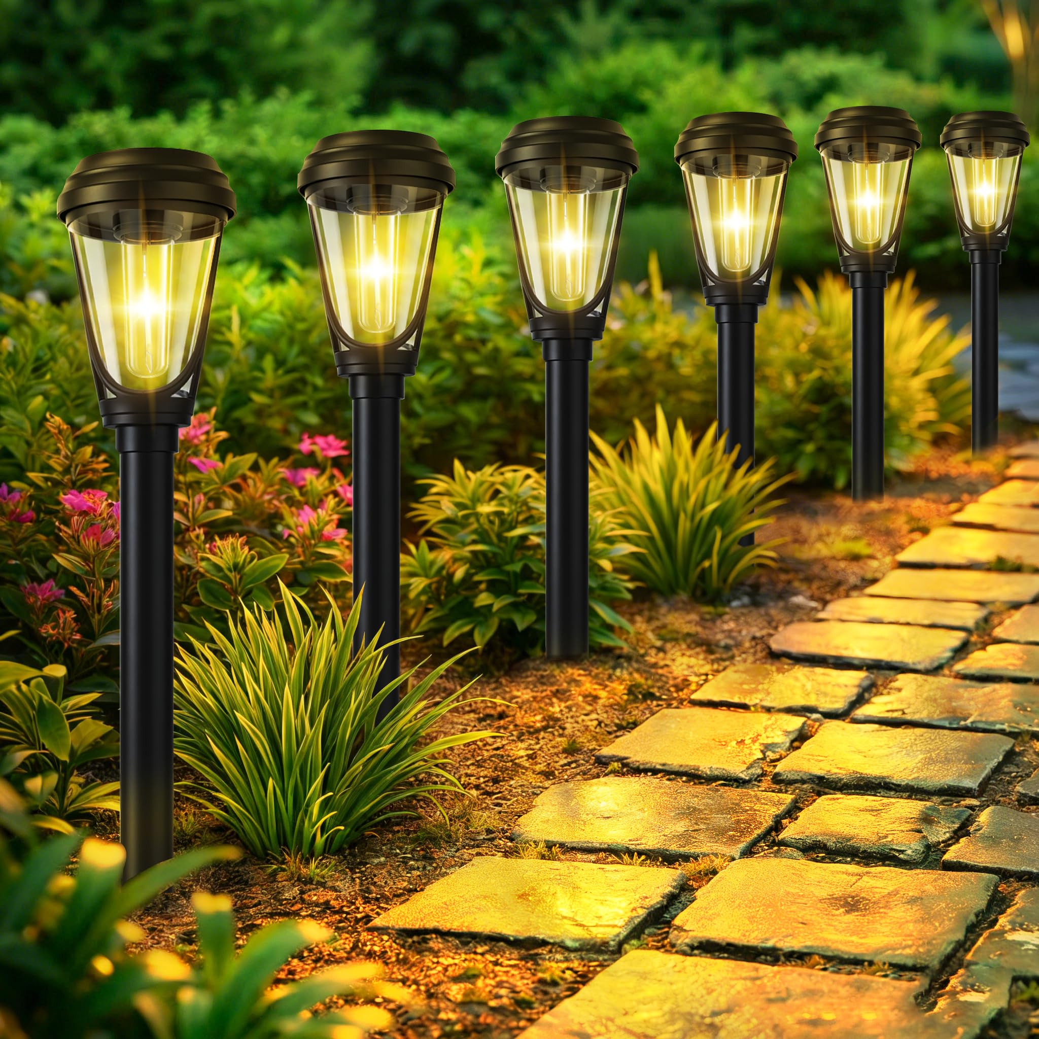 YIFMOO Solarlampen für Außen Garten, 6 Stück Extrem Helle Solarleuchten für Außen, IP65 Wasserdicht Wolfram-Glühlampe, Solar Gartenleuchten für Balkon, Terrasse, Pfad, Rasen, Warmweiß