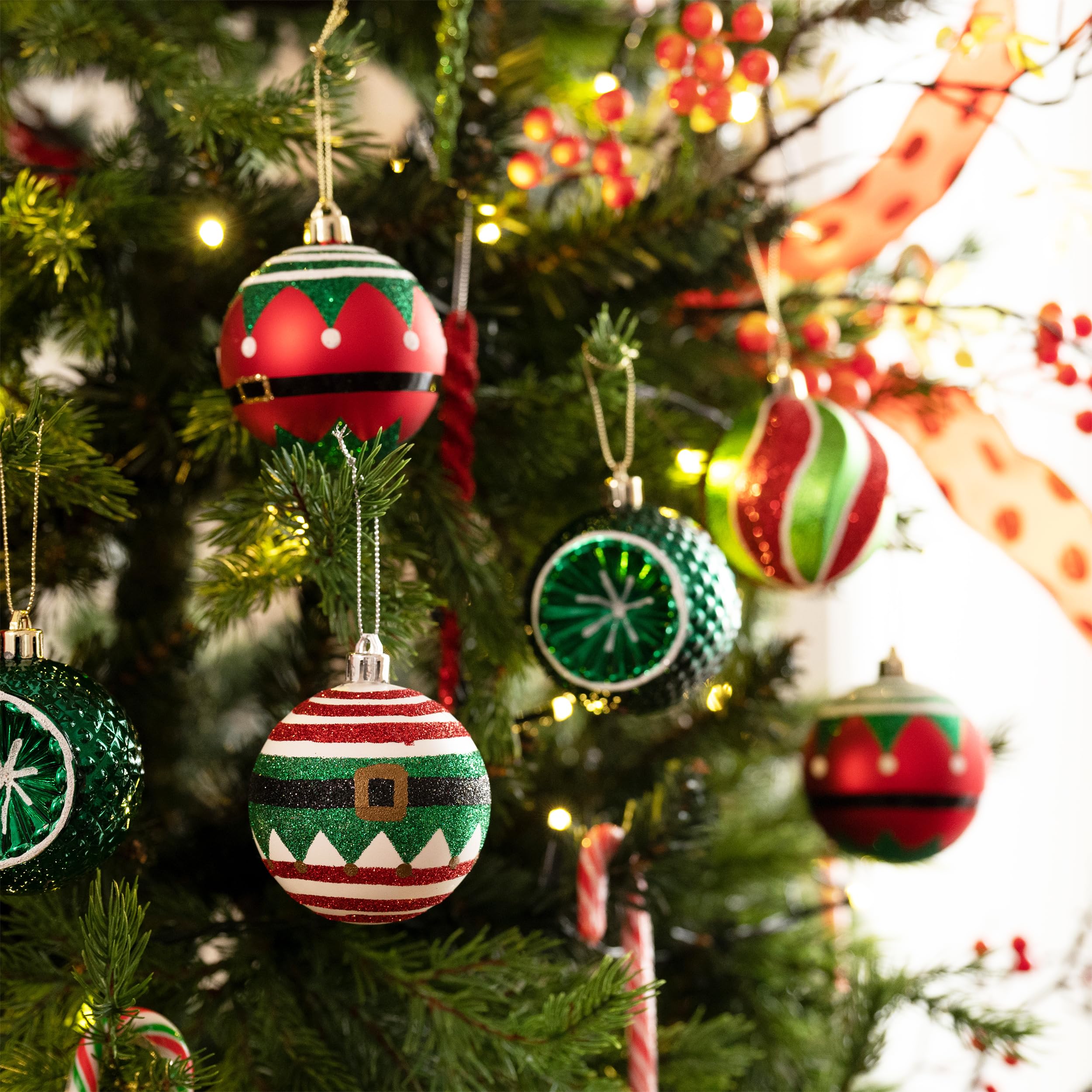 Valery Madelyn Christmas Ball Ornaments, 9ct Elf Red Green White Shatterproof Christmas Tree Decorations Set, 2.76 Inch Decorative Hanging Ornaments for Xmas Trees Bulk Holiday Party Decor