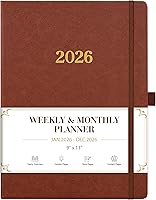 Vondafe 2026 Weekly Monthly Planner - 9x11 Leather Hardcover Brown, Jan-Dec 2026 w/ Pocket, Pen Loop, Elastic Closure, Bookmarks