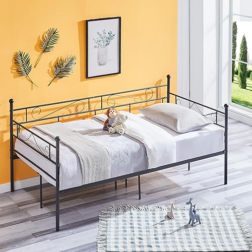 Liink1Ga Metal Daybed Frame Twin Size with Headboard and Stable Steel Slats Mattress Platform Base Boxspring Replacement Sofa Bed, Black Daybed Frame