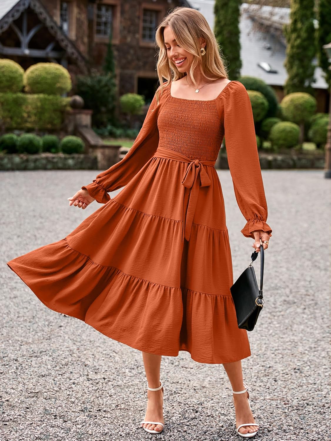 Simplee Womens Long Sleeve Maxi Dress Casual Square Neck Smocked Flowy Fall Wedding Guest Dresses