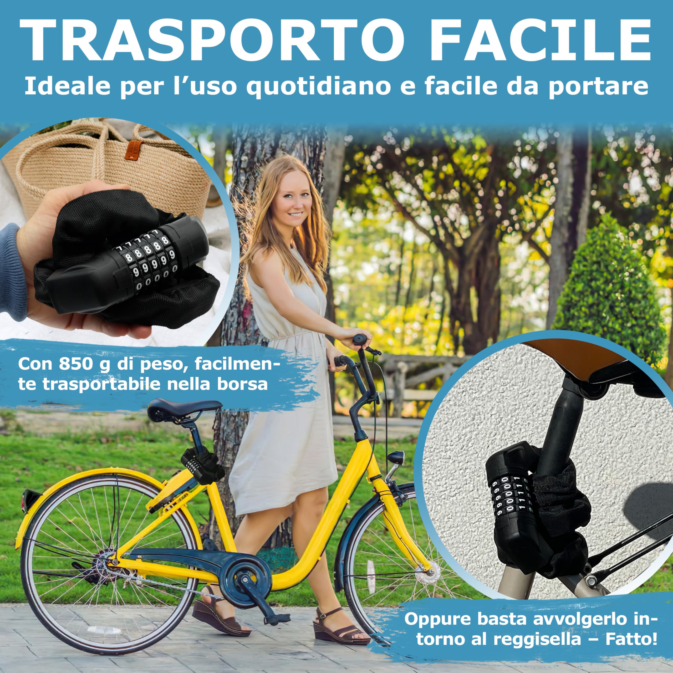 WIDDER Antifurto a combinazione [grandi rotelle numeriche, 5 cifre, 850 g] | Lucchetto con codice | catena antifurto per bici | Alta sicurezza | per monopattino elettrico, e‑bike | Combinazione numerica