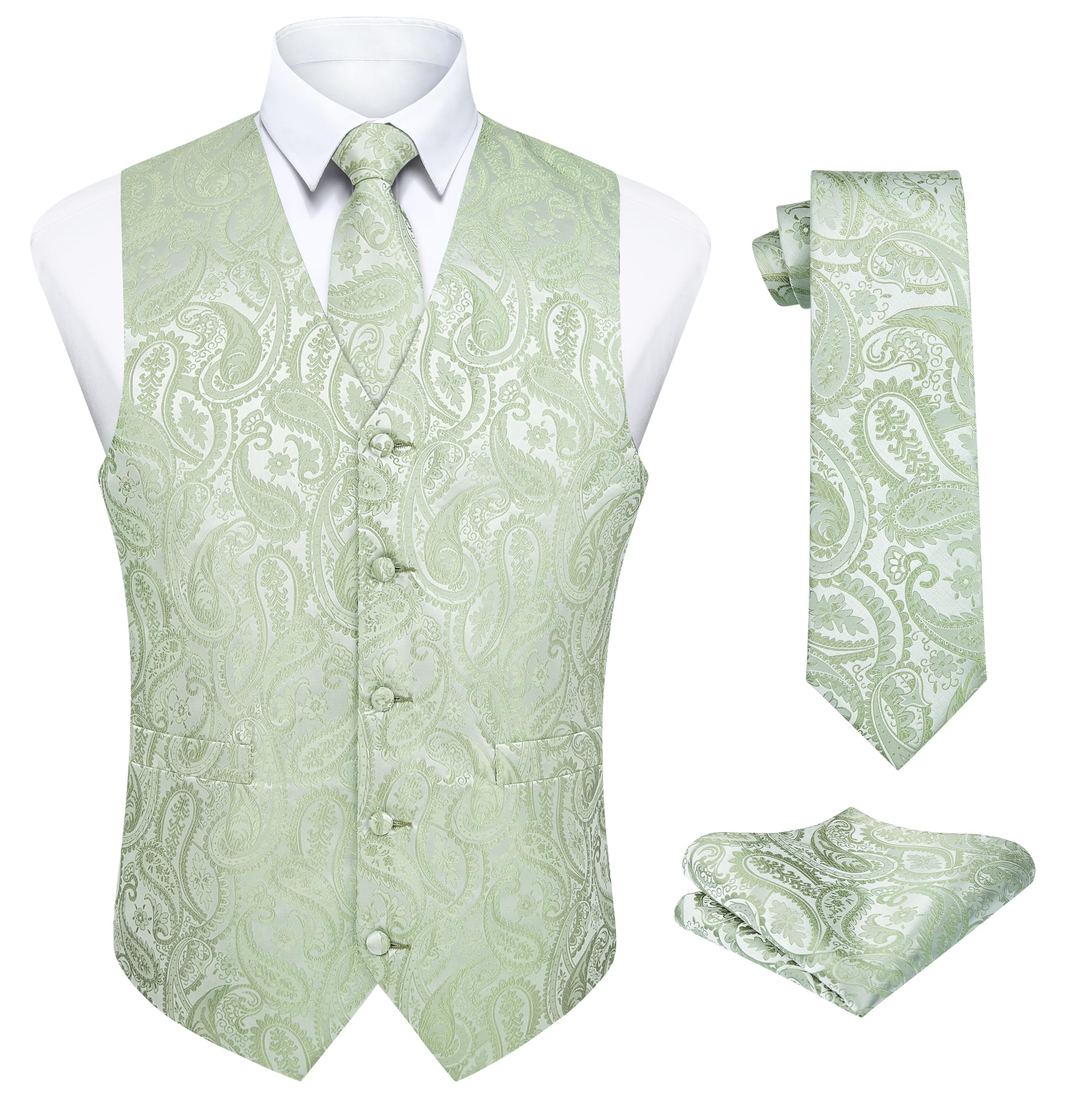 HISDERN Vest and Tie Sets for Men Vests Paisley Floral Jacquard Necktie Pocket Square 3PCS Waistcoat for Suit or Tuxedo