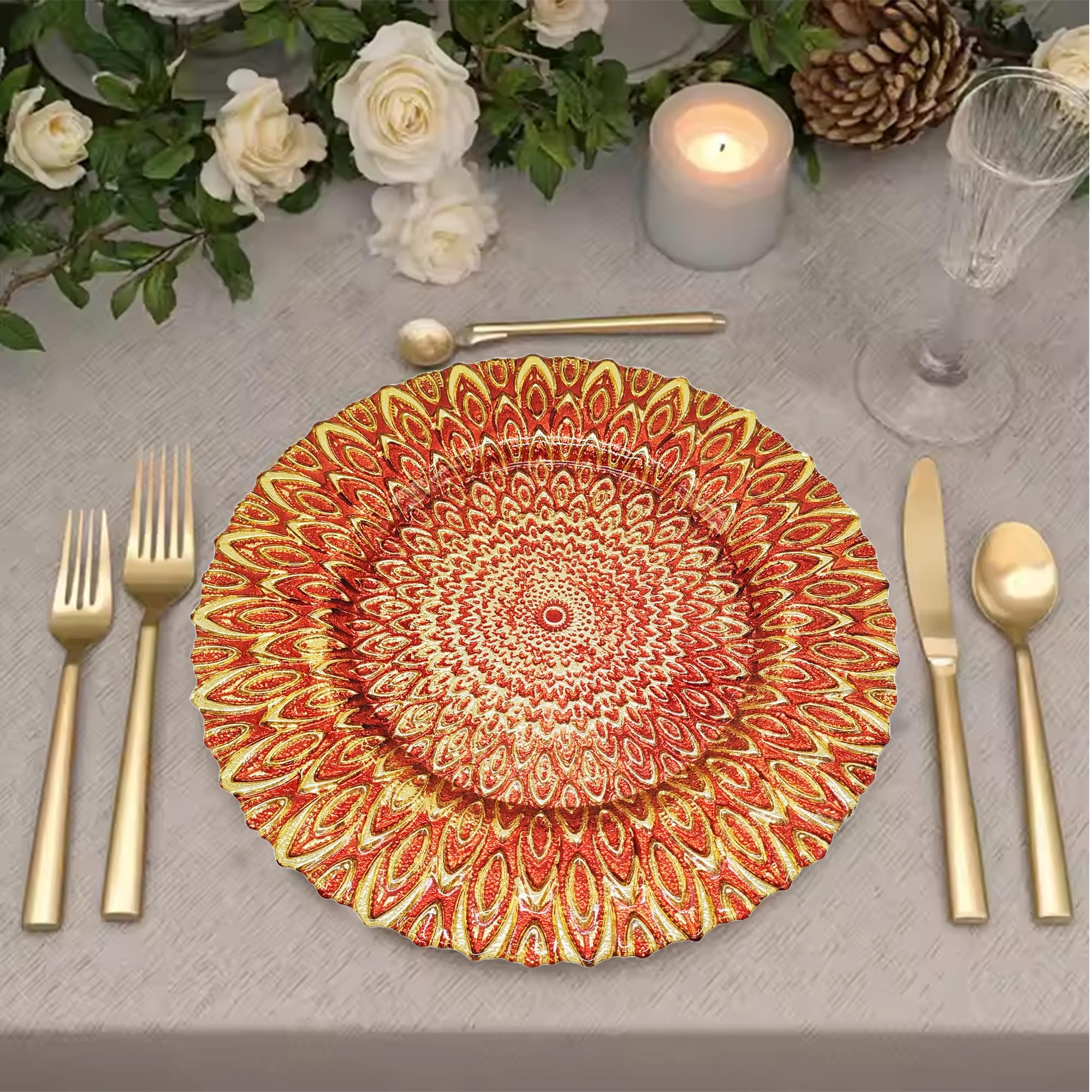 Trimming Shop Dekoracyjne talerze do ładowania na imprezy, szklane talerze do dekoracji stołu obiadowego, wesela, urodziny, imprezy, zastawy stołowej, imprezy gastronomiczne, 33 cm, czerwone, 6 szt