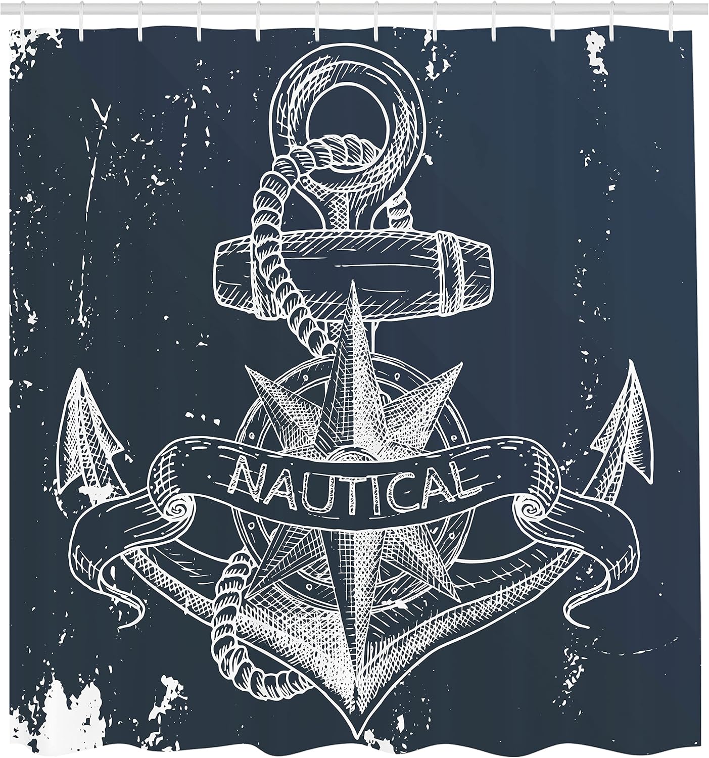 Ambesonne Marine Shower Curtain, Nautical Knot Compass Anchor Pattern Sea World Ocean Life Grunge Illustration, Cloth Fabric Bathroom Decor Set with Hooks, 69" W x 70" L, Dark Blue White