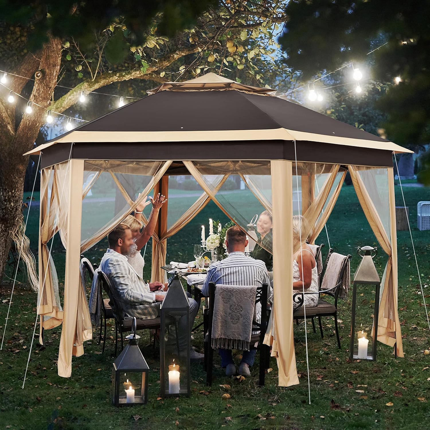 Topeakmart Hexagonal Pop Up Canopy Outdoor Garden Patio Gazebo 2-Tier Roof Event Tent with Netting - Khaki/Brown