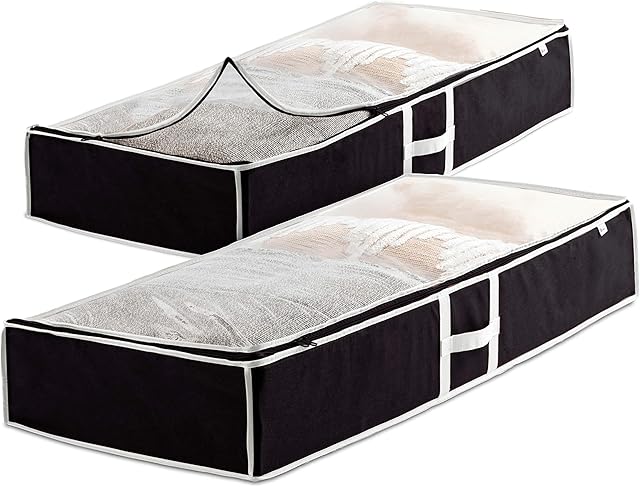 Premium Underbed Storage Bag (2-Pack) Clothes Storage Boxes with Zips, Storage Bags for bedding, King Size Duvet, Linen, Pillow, Shoe - Non-Woven Under Bed Storage Box Organiser for Clothes