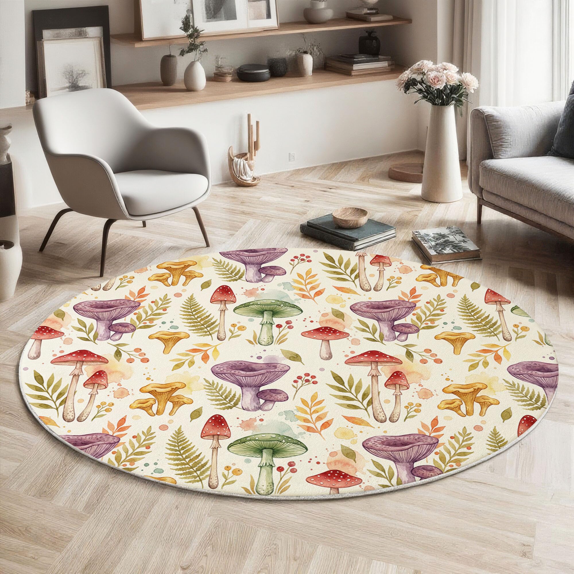 Tapis rond champignons et feuilles lavable pour éliminer les taches dans la cuisine ou l'entrée