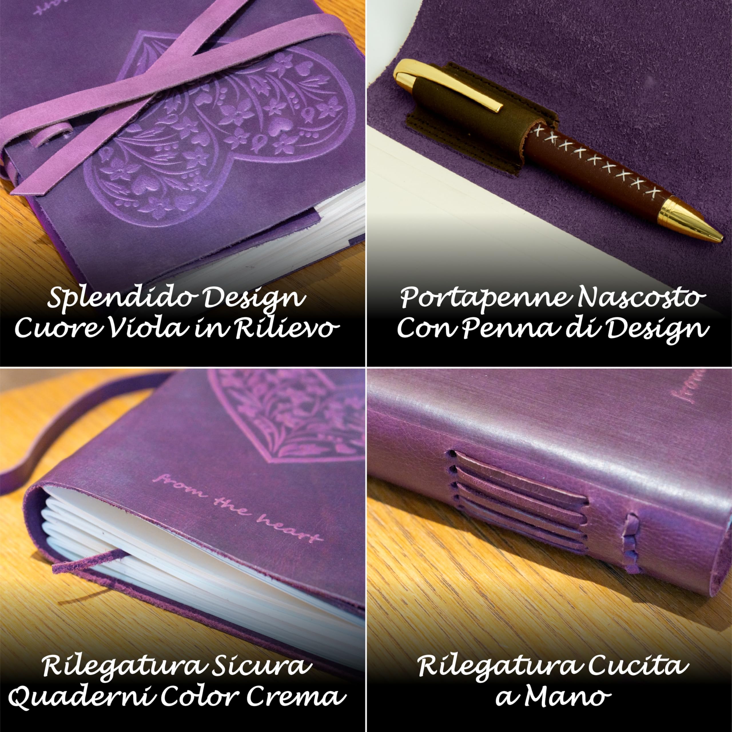 Leather Journal Embossed Purple Heart Gift Set + Antique Leather Bookmark + Pen, Handmade Writing Notebook 8x6 Inches Unlined Bound Daily Notepad For Men & Women, Luxury Gift Box for all ages