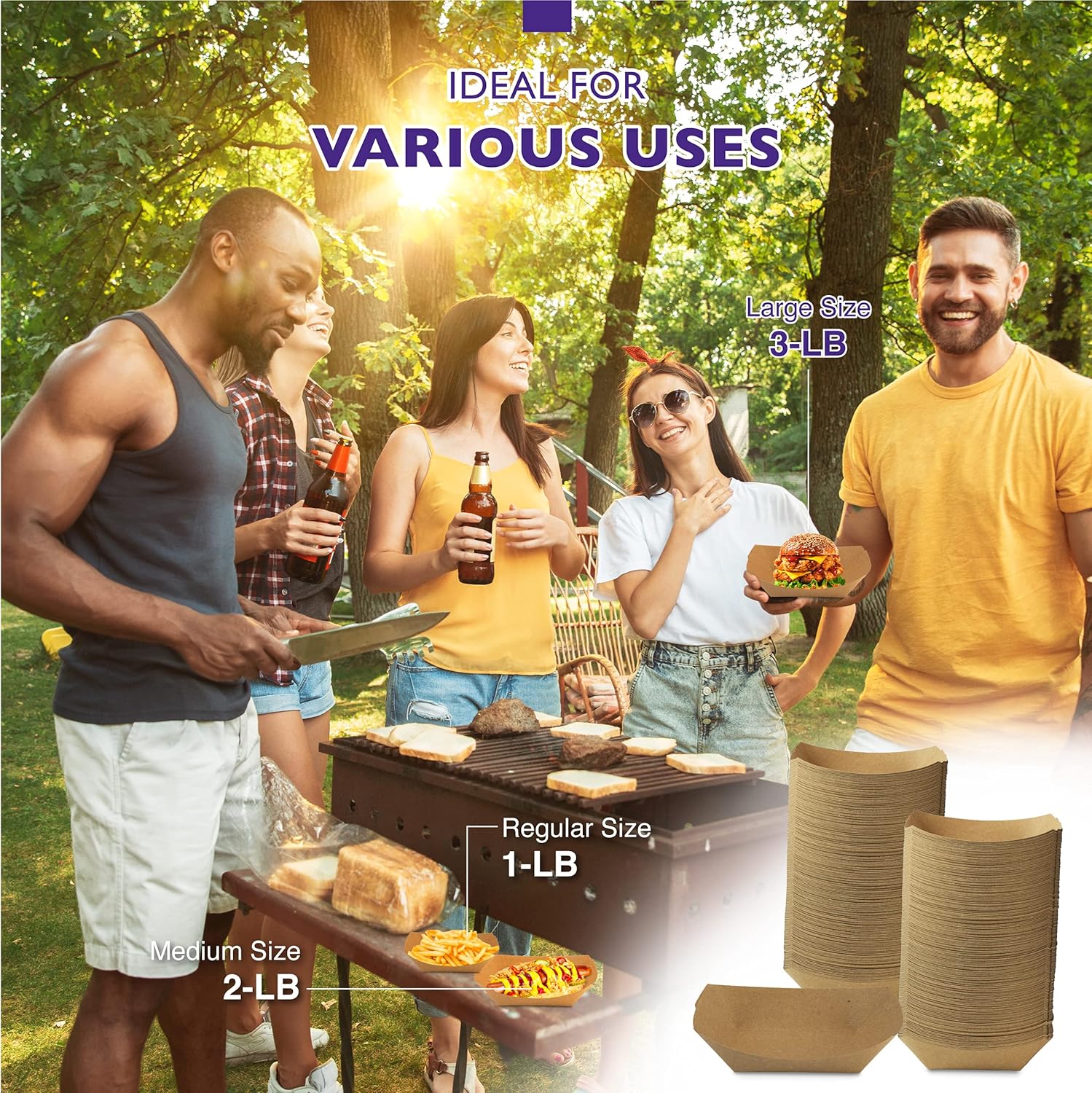 Amazing 🔥 [150 Pack] 1lb 2lb 3lb Kraft Brown Paper Food Trays - Disposable Grease Resistant Serving Plate, Paperboard Boat Basket for Parties Fairs Picnic Carnival Holds Tacos Nachos Fries Hot Corndog, 50 each