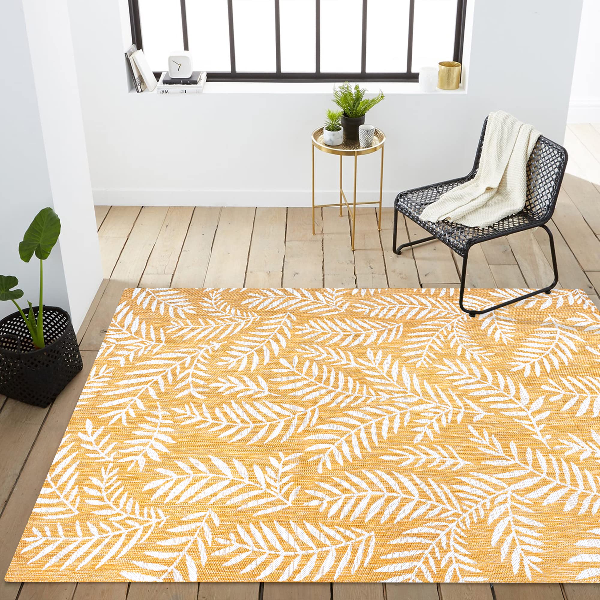 JONATHAN Y SMB119C-5 Nevis Palm Frond Indoor Outdoor Area-Rug, Coastal Casual Country & Floral Easy-Cleaning,Bedroom,Kitchen,Backyard,Patio,Non Shedding, 5 X 8, Yellow/Cream