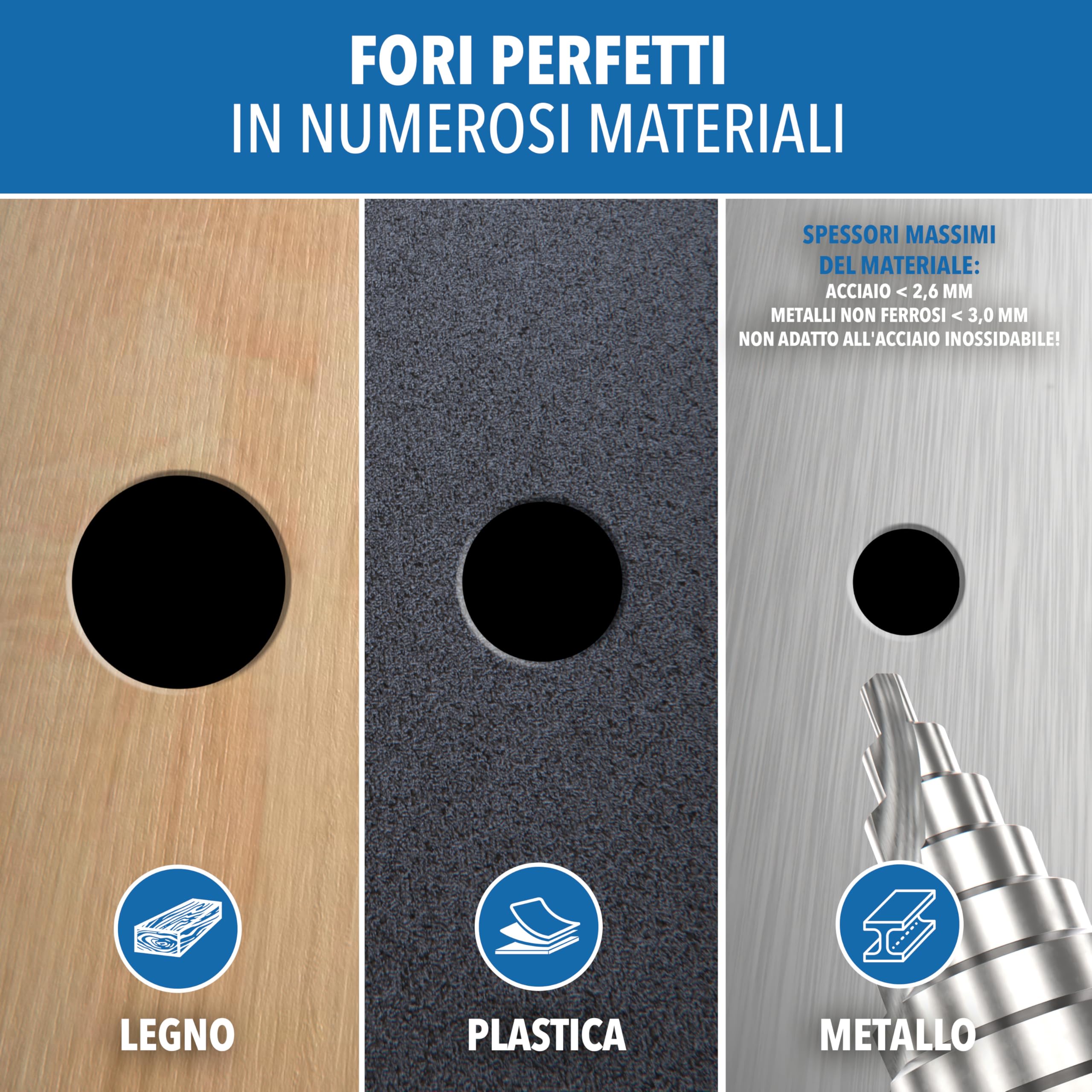 Trapano a gradini 6 – 60 mm in HSS 4241 – scanalatura elicoidale con gambo da 12 mm – Punta conica per sbucciare metallo plastica legno – Punta extra grande per fori precisi