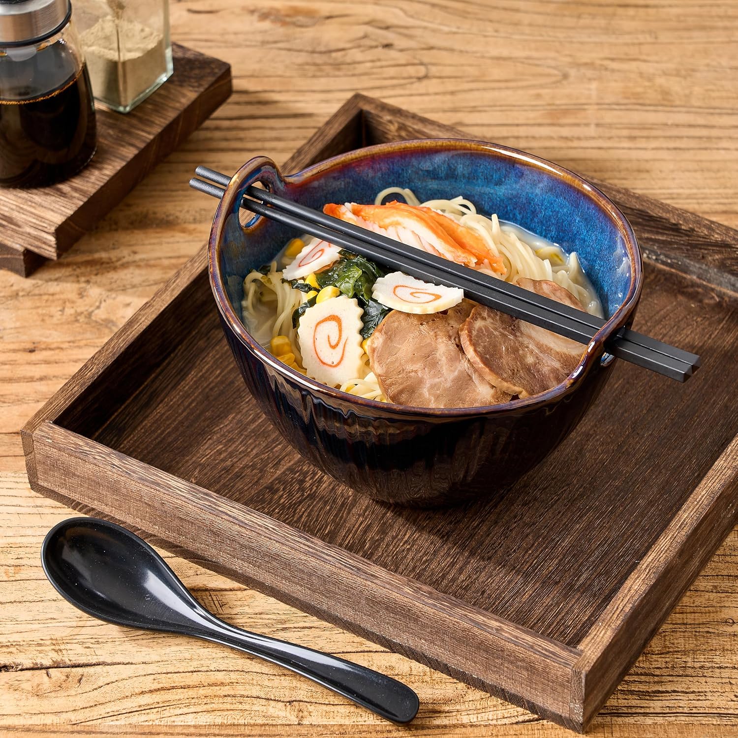 Ramen Bowl with Chopsticks and Spoons Set, 7 Inch Ceramic Noodle Bowl Set of 2, Dishwasher Safe for Pho Udon Soba Noodle Salad Pasta, Special Reactive Blue Bowls Set, Midnight Tide