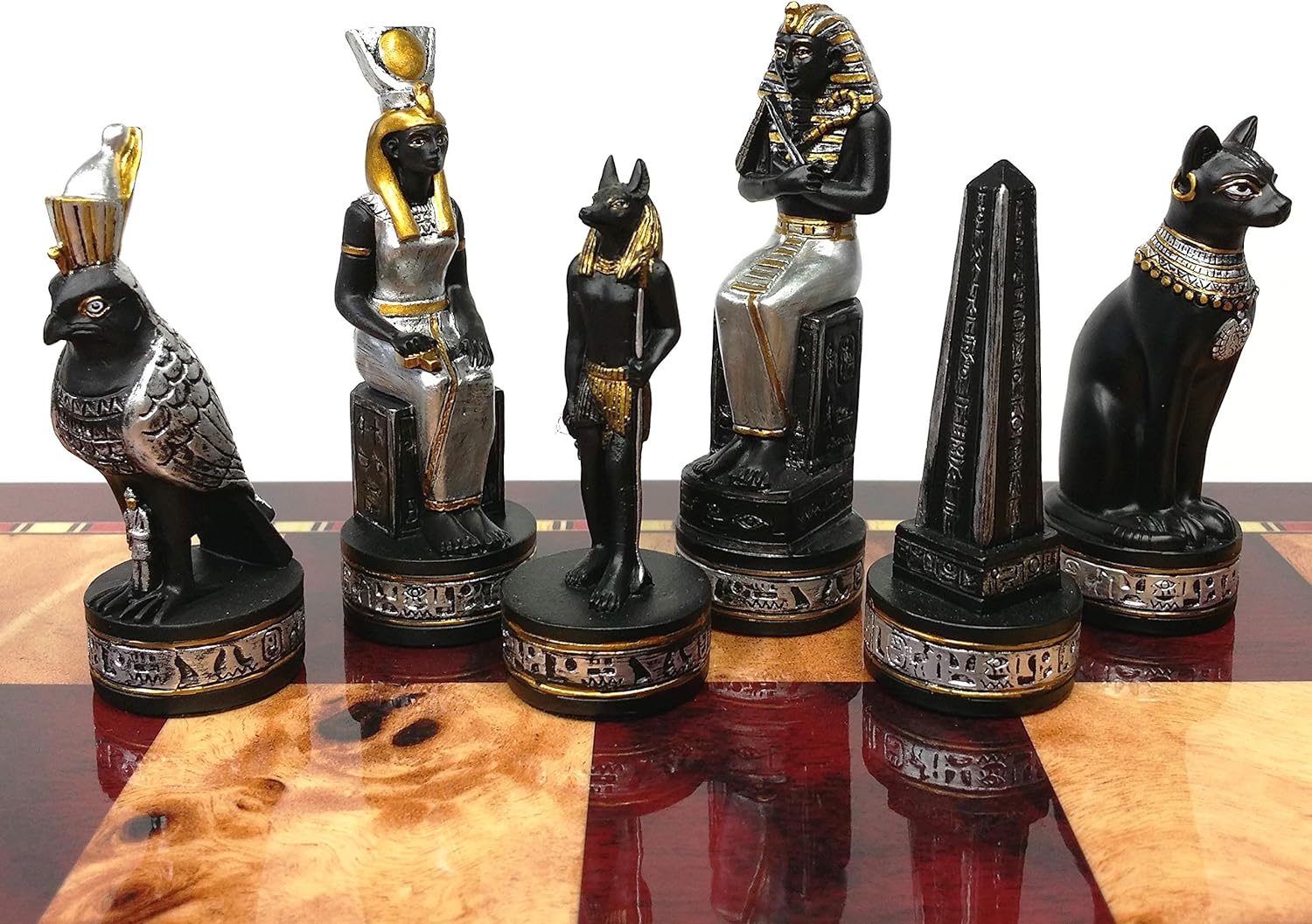 Egyptian Anubis Chess Men Set Black and Silver with Gold Accents & 18" High Gloss Cherry and Burlwood Color Board