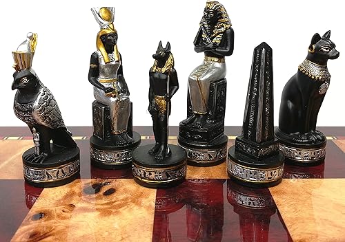 Miniatura 3 de Juego de ajedrez egipcio Anubis para hombre, color negro y plateado con detalles dorados y tablero de color cereza brillante de 18 pulgadas y madera