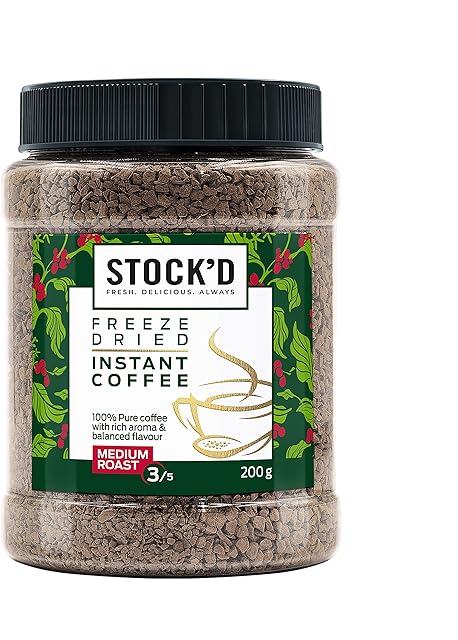 STOCK'D Freeze Dried Instant Coffee - Medium Roast, 100% Pure Coffee, Rich Aroma, Balanced Flavour, 100 Servings (200g Jar)