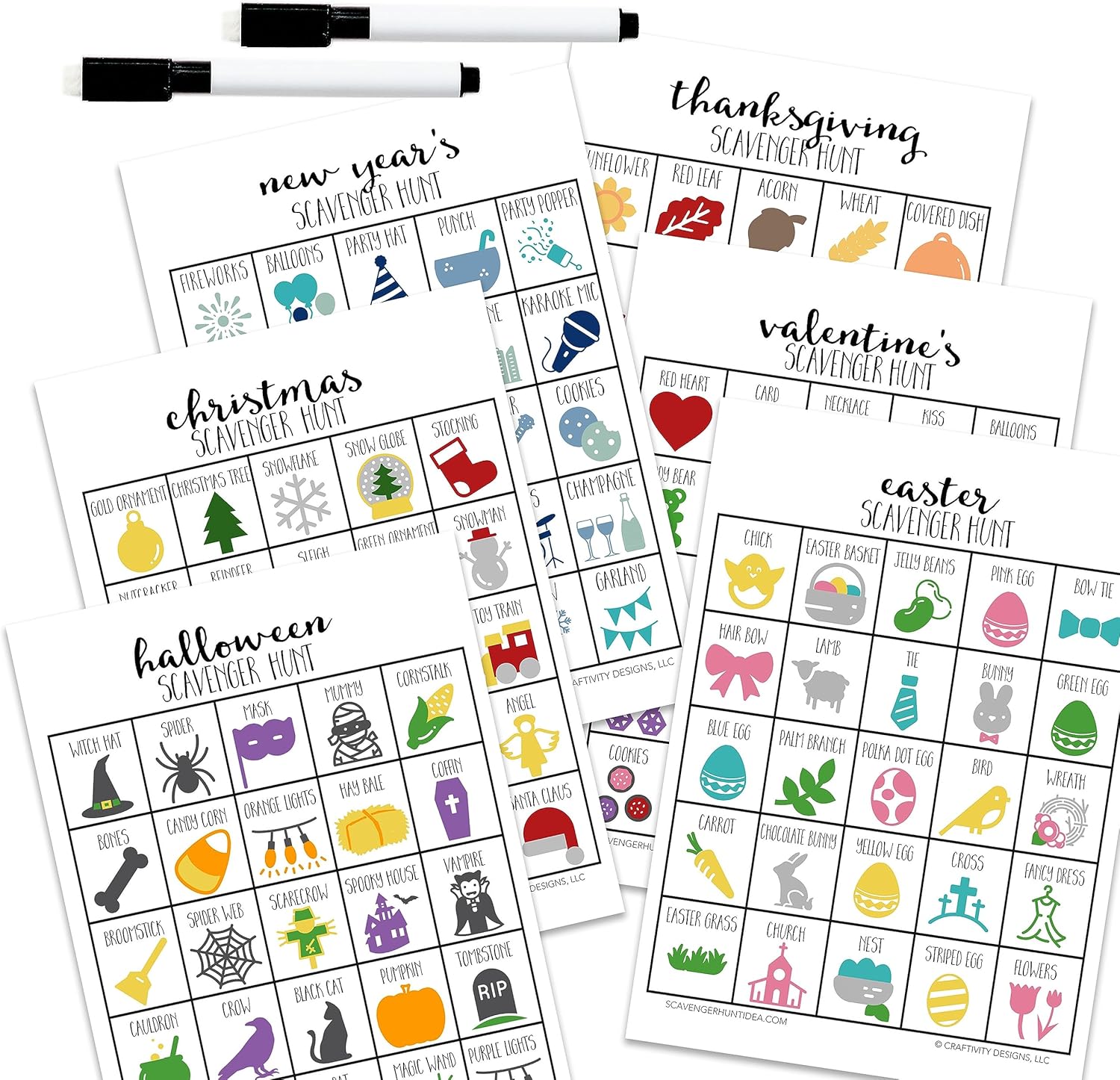 Christmas Holiday Scavenger Hunt Set - Halloween, Christmas, New Years Eve, Thanksgiving, Easter & Valentines Day Scavenger Hunt Games, nine 2-sided cards (3 copies of each hunt), 3 dry erase markers