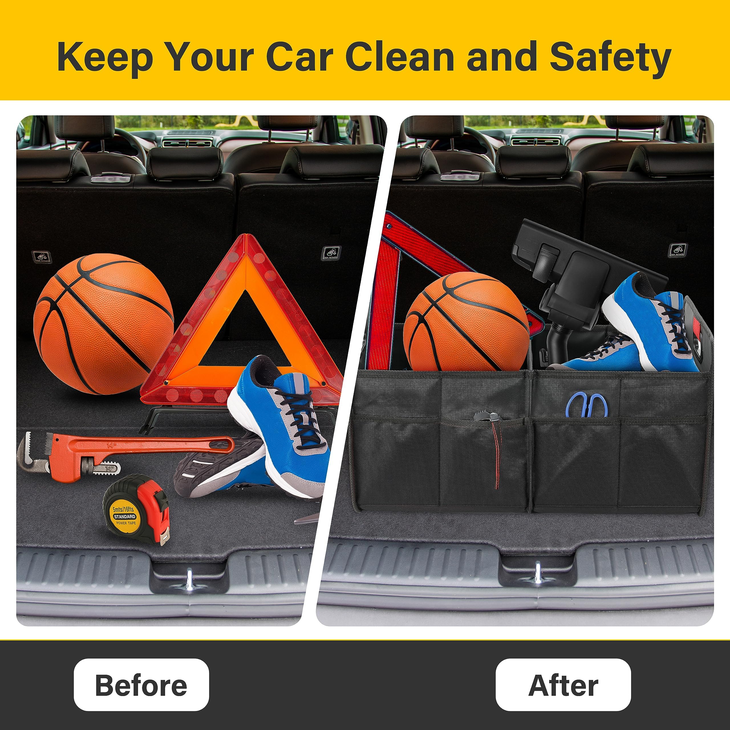 YSSOA Trunk Organizer for Car/SUV/Truck, Collapsible 2 Compartment Automotive Storage Box, 600D Waterproof Oxford Polyester 50L Travel Accessories, Anti-slip & Leak-proof, Black New 3