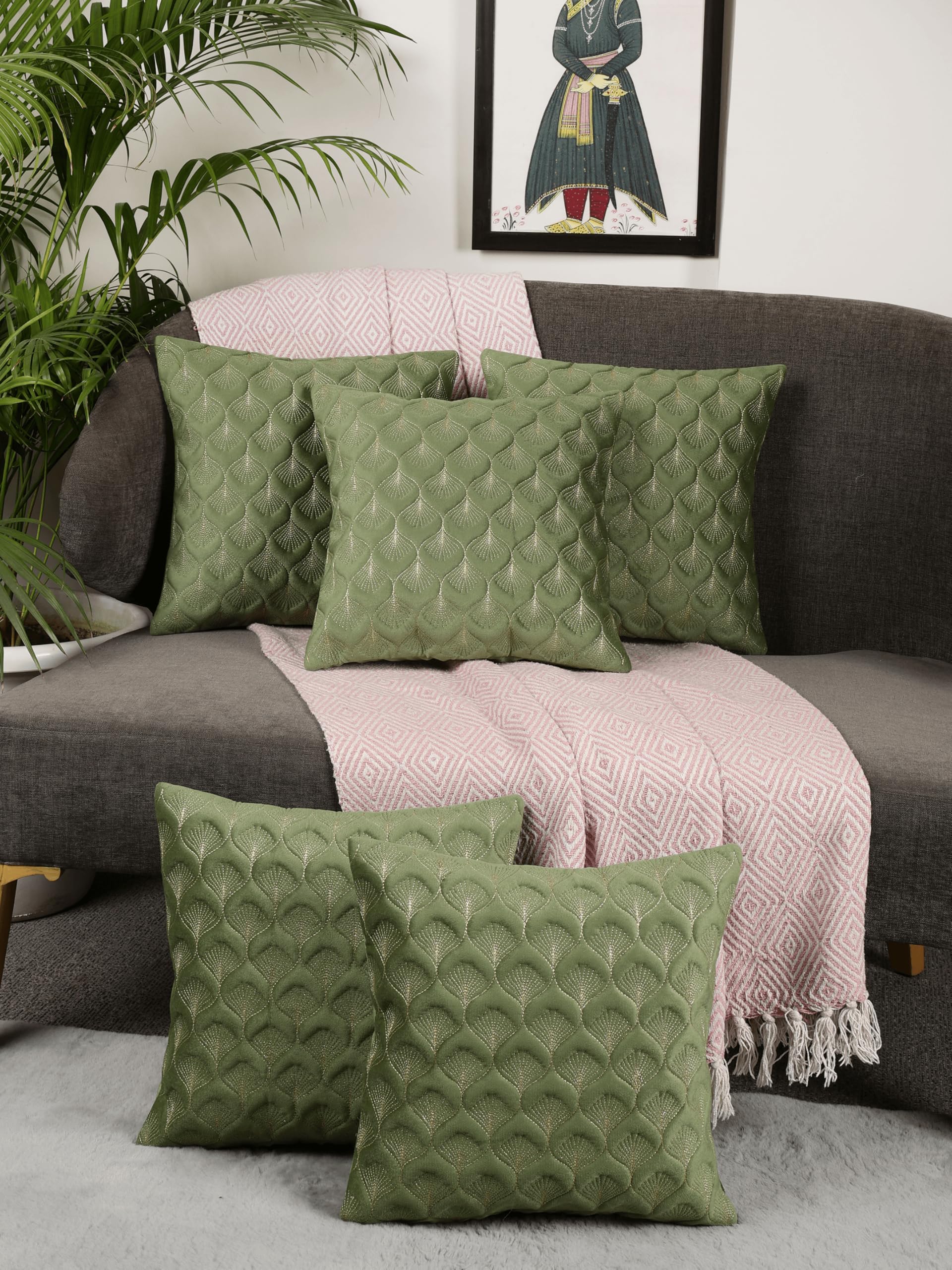 MONKDECOR Luxury Velvet Cushion Covers Set of 2 | Decorative Throw Pillow Covers 16x16 Inch | Handcrafted Sofa Cushion Cases for Living Room & Bedroom | Modern Home Decor | Feather Design Green Color-image-47