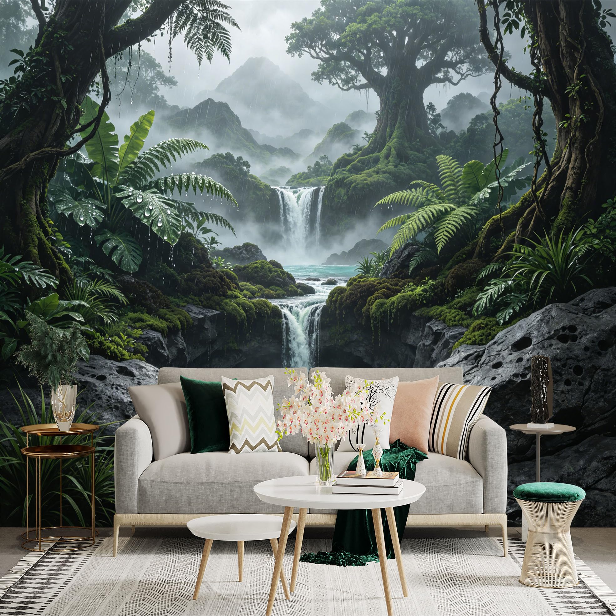 Custom Size Wall Sticker Mural， Tropical Rainforest Waterfall with Misty Mountains and Lush Greenery， for wall Decoration， peelandstick wall Decals.