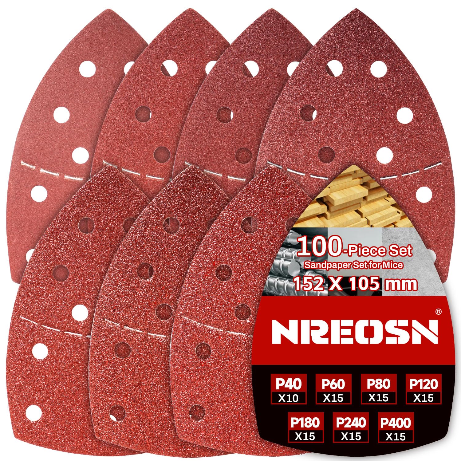 Nreosn 100PCS Multi Tool Sanding Pads, Mouse Sander Pads 40/60/80/120/180/240/400 Grit Assorted Sanding Sheets, 152×105mm Hook & Loop Pads With 11-Hole Dust Extraction for Detail Sanders