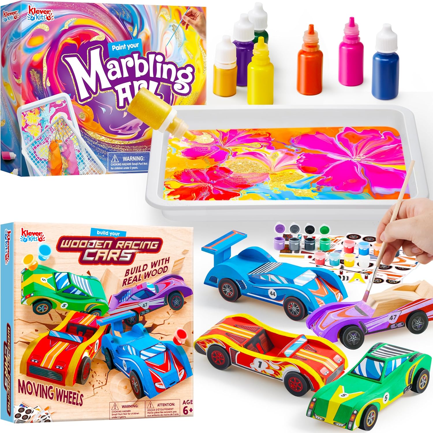 Klever Kits Marbling Paint Art Kit and DIY Wooden Race Cars Set, Arts and Crafts for Girls & Boys Ages 6 and Up, Easy to Create, Endless Fun, Birthday Party Presents for Kids
