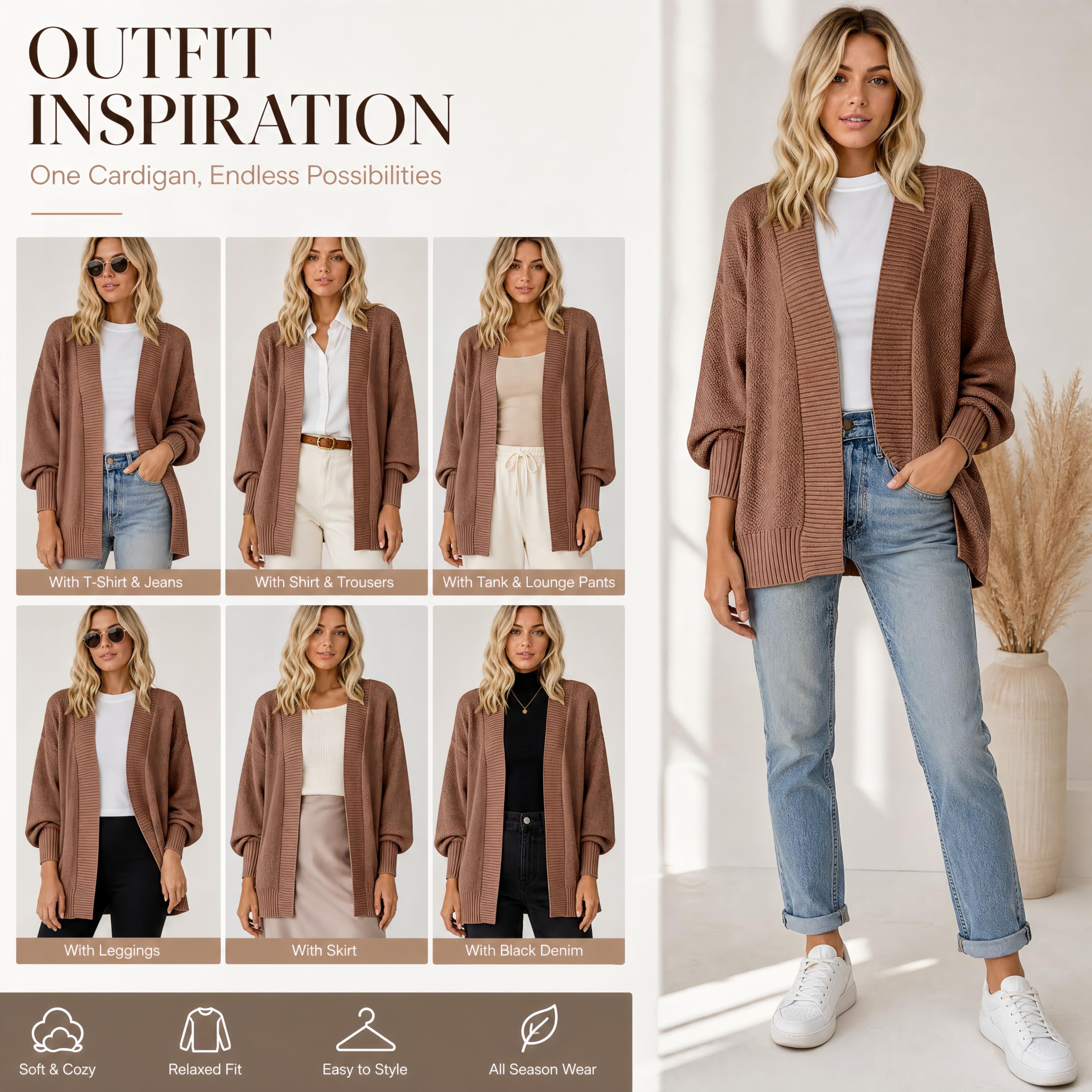 Cárdigan Punto Extragrande Mujer Frente Abierto Manga Larga Manga Abullonada Chaqueta Punto Largo Medio Ribete Acanalado Cárdigan Informal Otoño para Superponer Prendas Prenda Abrigo para Uso Dia