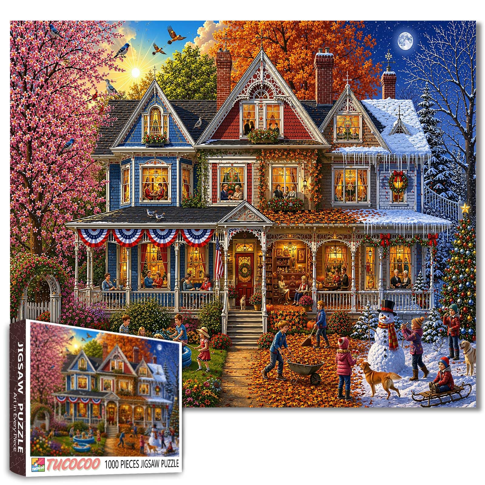 Four Seasons Jigsaw Puzzles for Adults Victorian House 1000 Pieces Puzzles for Challenging Family Activity Games Family Home Art Jigsaw Puzzle DIY Craft Puzzles Home Decor 19.7 x 27.6 Inches
