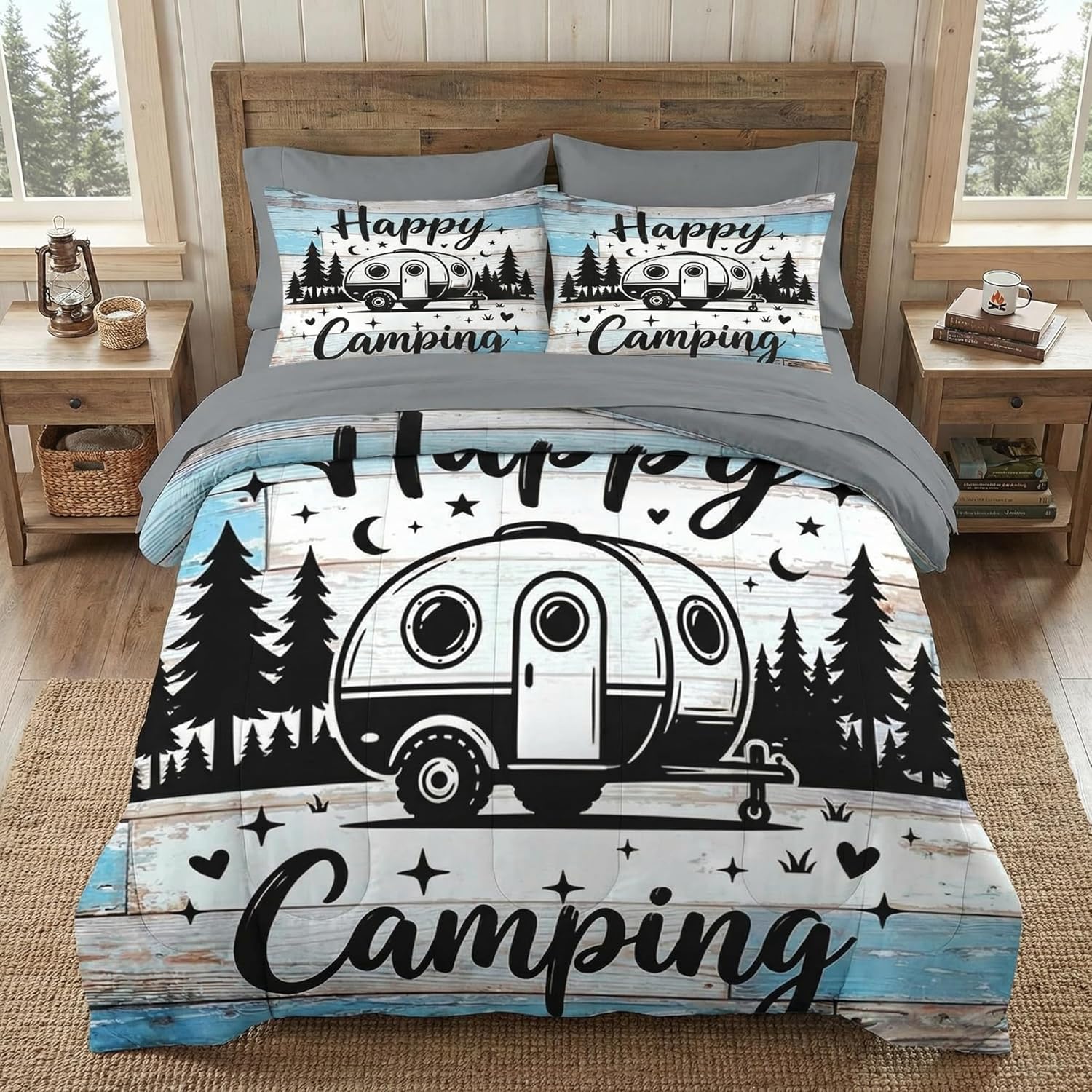 Nesker 7 Pcs Comforter Set Queen Size, Camping Blue Camp Adventure Bedding Set for Kids and Adults, Forest Outdoor Retro Bed Sheet Set with Fitted Sheet 2 Pillowcases & 2 Shams