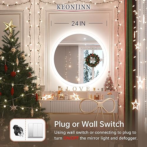 Miniatura 7 de Keonjinn Espejo de baño redondo LED de 24 pulgadas con luces frontales, 3 luces de temperatura de color, sin marco, para montaje en pared, espejo de