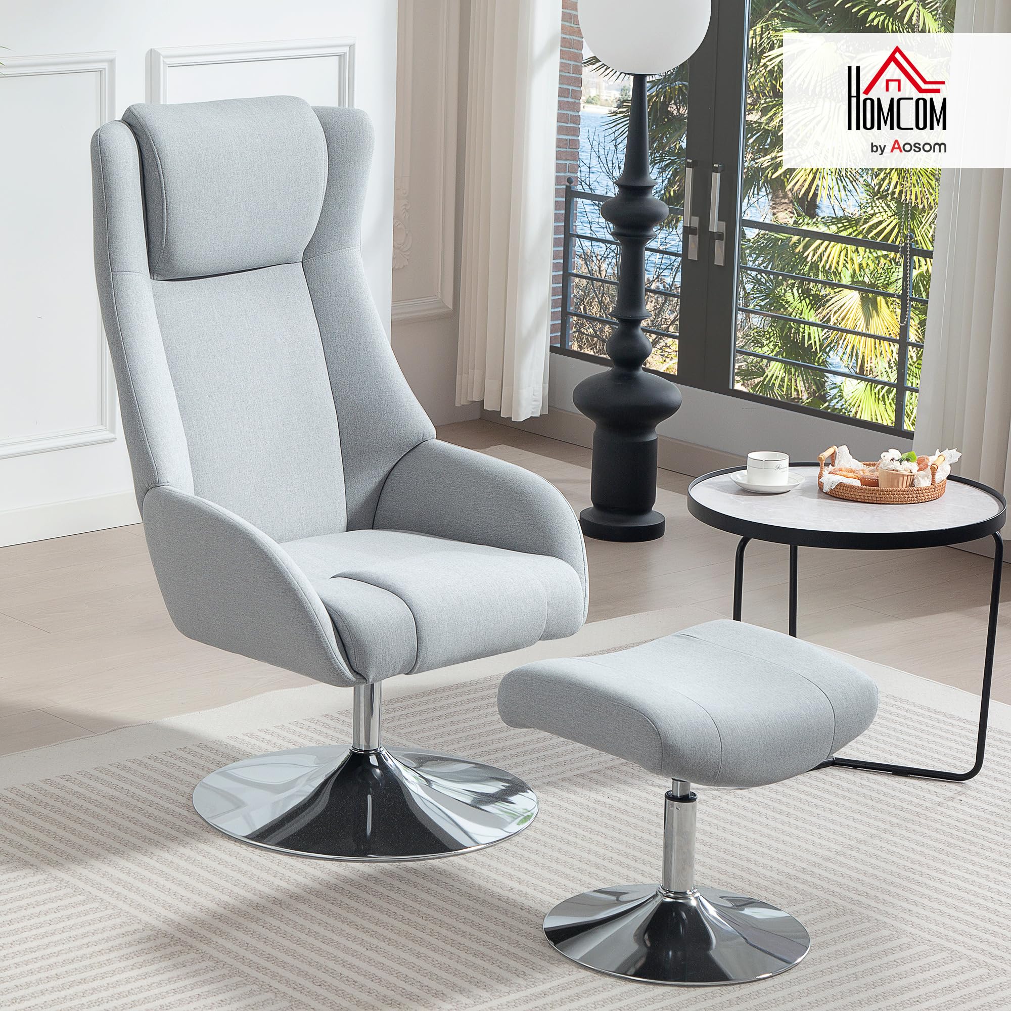 HOMCOM Relaxsessel mit Hocker, 360°drehbarer Fernsehsessel mit hoher Rückenlehne, TV-Sessel mit Samtoptik, Kopfstütze, Metallsockel, Polstersessel für Wohnzimmer, Grau