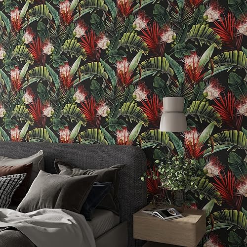 Miniatura 4 de CRE8TIVE Papel tapiz de vinilo autoadhesivo removible de 24 x 354 pulgadas, tamaño grande, diseño floral oscuro, diseño botánico de hojas de