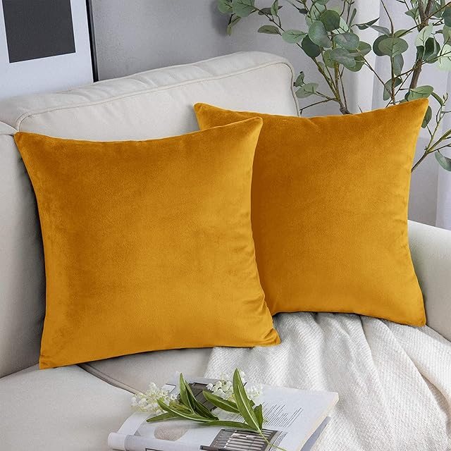 YORKSHIRE BEDDING Cushion Covers 45 x 45 cm - Decorative Velvet Square Throw Pillow Cases 18x18 Inches - Luxury Soft Pack of 2 Cushion Cover for Sofa Couch Bedroom with Invisible Zipper (Ochre)