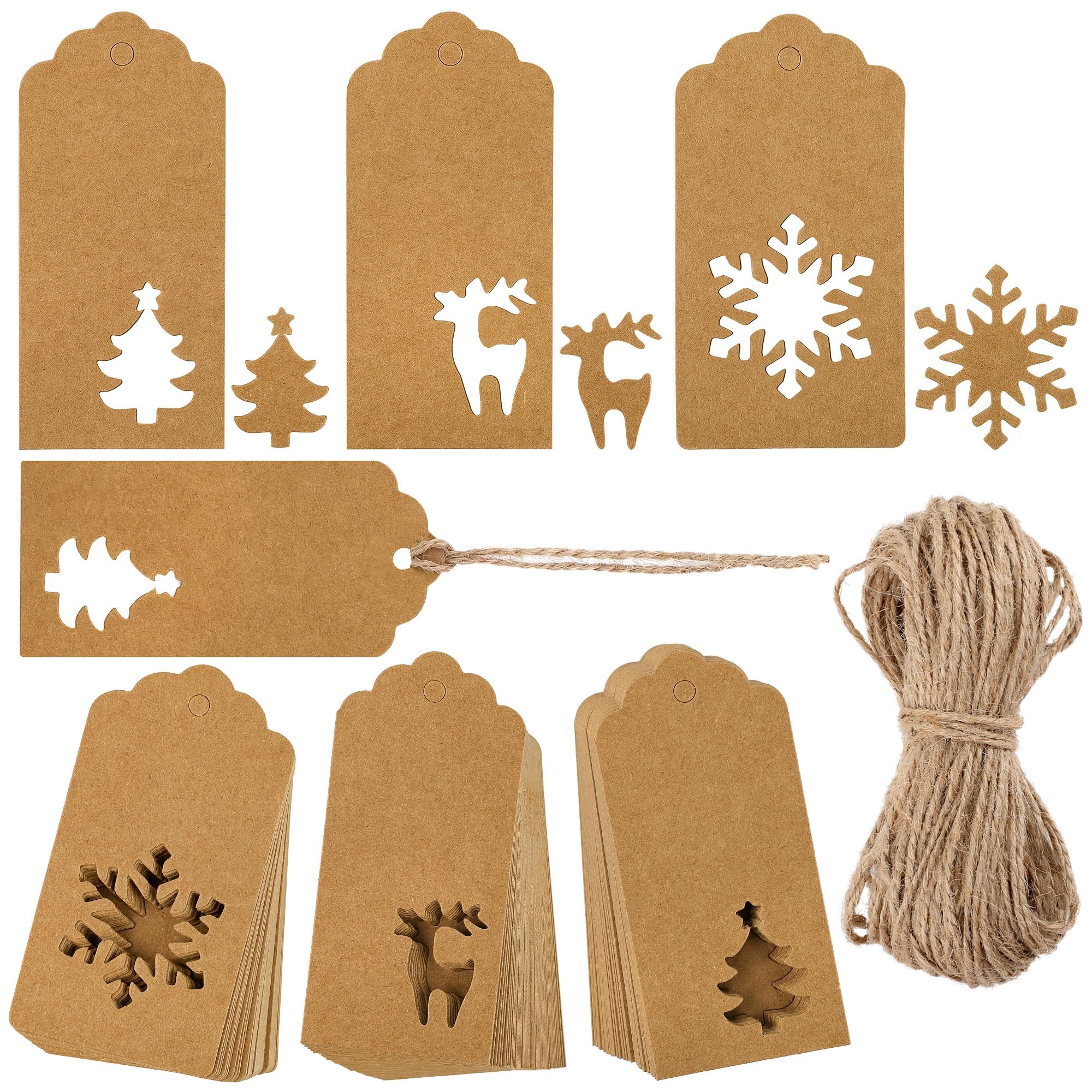 Aneco 150 Pieces Christmas Paper Gift Tags Brown Kraft Tags Hang Labels Christmas Tree Snowflake Reindeer Design with 30 Meters Jute Twine for Christmas DIY Wrapping Favor Holiday Present